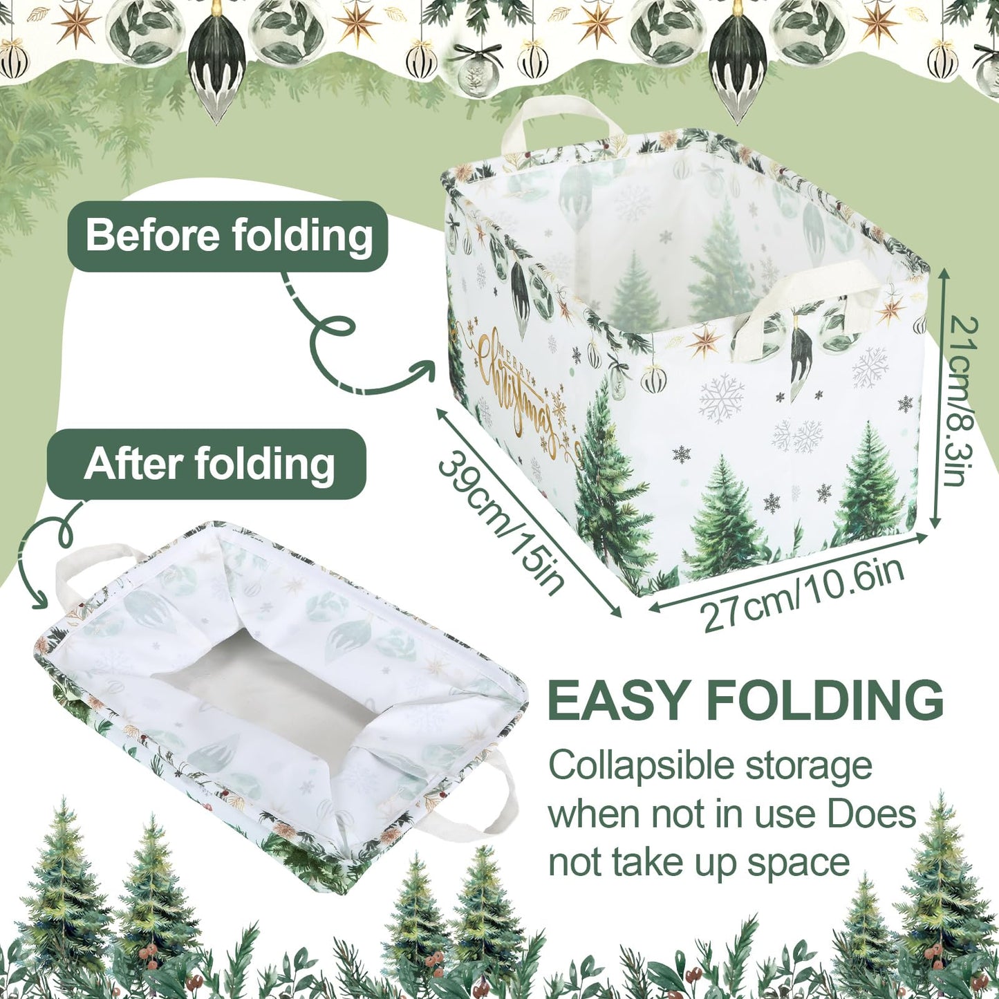 Threehoney 3Pcs Large Merry Christmas Tree Gift Storage Baskets Xmas Ball Collapsible Storage Bin Empty Candy Decor Canvas Laundry Basket Foldable Box with Handle for Home Office(Green,Classic Style)