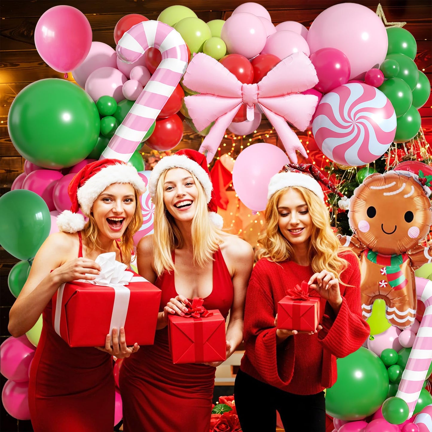 Christmas Balloons Arch Kit, 125 PCS Hot Pink Green Red Christmas Balloons, Gingerbread Balloon Garland with Candy Cane Bow & Gingerbread Foil Decorations for Party