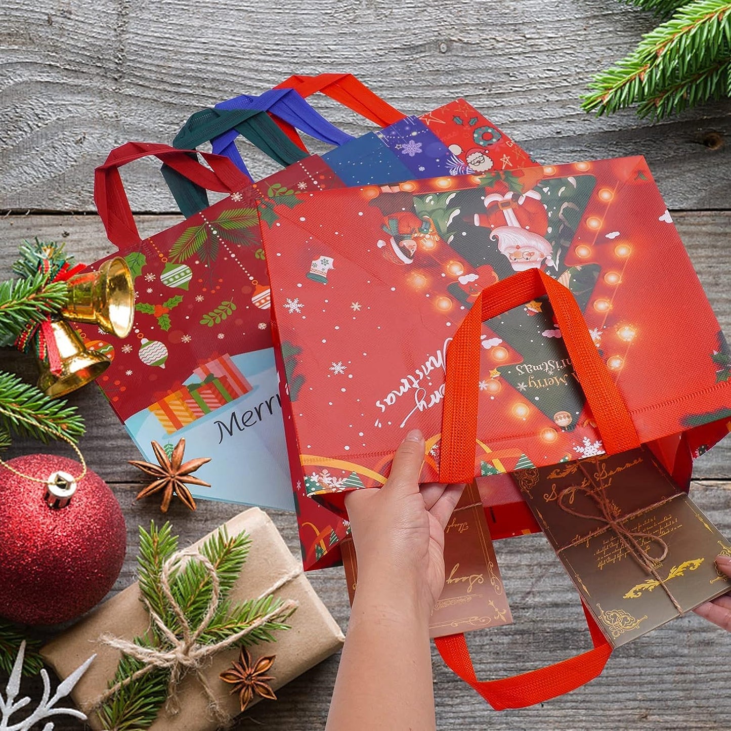 Heetobcos 12 Pack Christmas Gift Bags Large Reusable Tote Bags, Non-Wove Bags for New Year's Shopping, Christmas Surprise, Xmas Party Supplies,12.8"×9.8"×6.7"