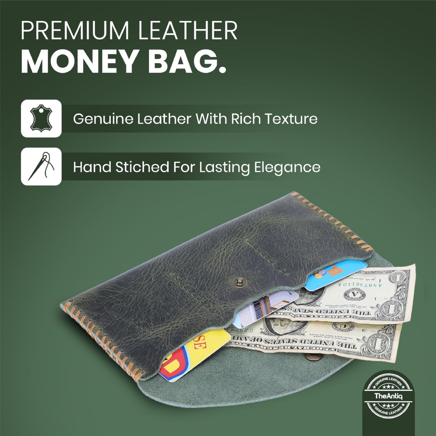 TheAntiq Green Leather Currency Pouch Money Bag with 3 Credit Card Wallet | Genuine Leather Currency Organiser For Men & Women | Handmade Dollar Bills Organiser Money Pouch Cash Bag