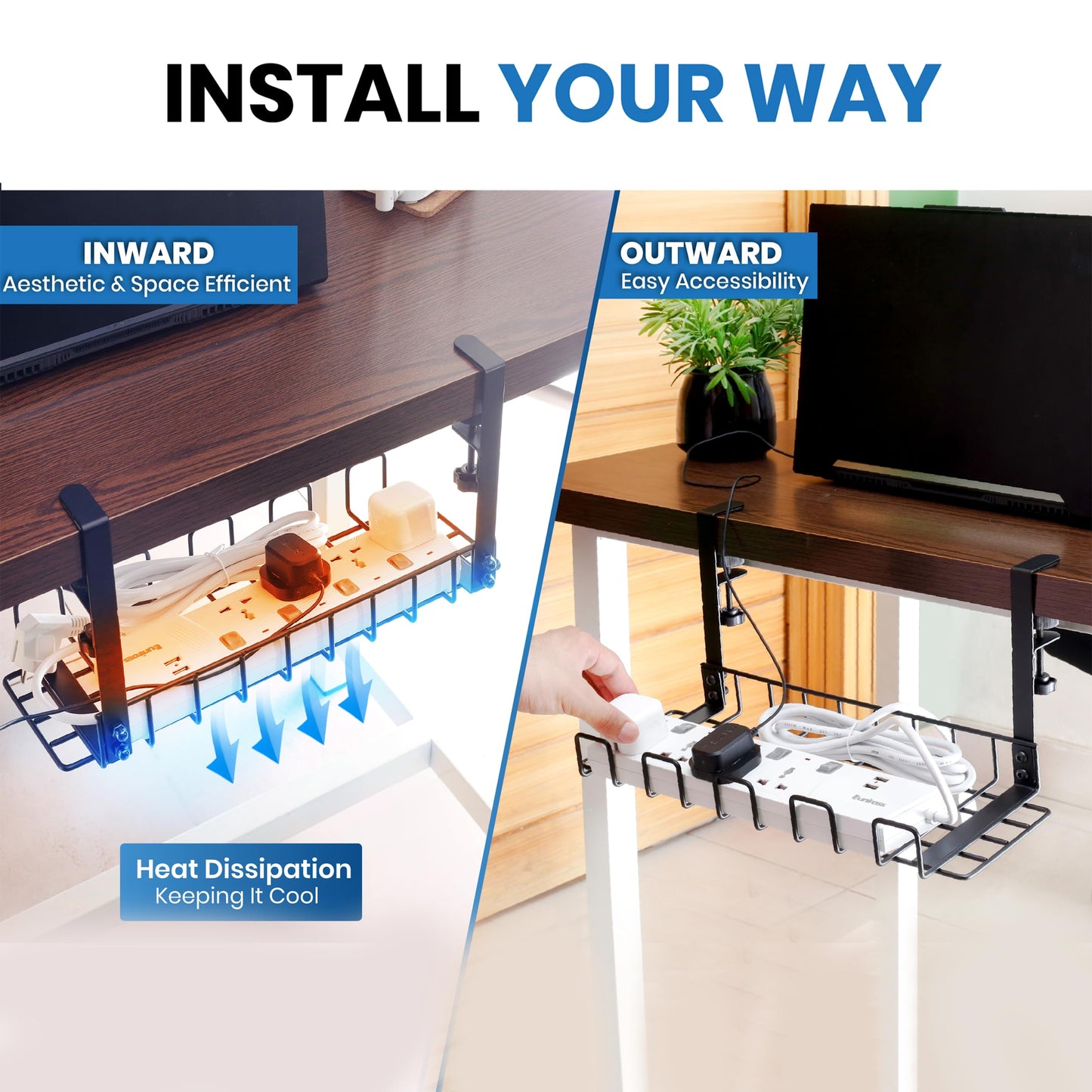 Under Desk Cable Management Tray, 16” No Drill Cord Organizer with Clamps for Wire Management, 4mm Sturdy Wire Desk Cable Organizer Tray, Cable Management Rack for Office