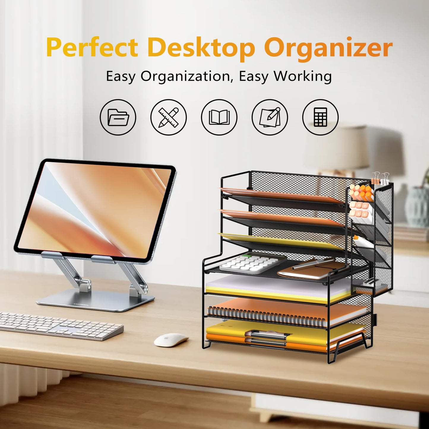 SUPEASY 7 Tier Desk Organizer, Desk File Organizer with Pen Holder, Paper Organizer for Desk, Desk Organizers and Accessories for Home Office School, Black
