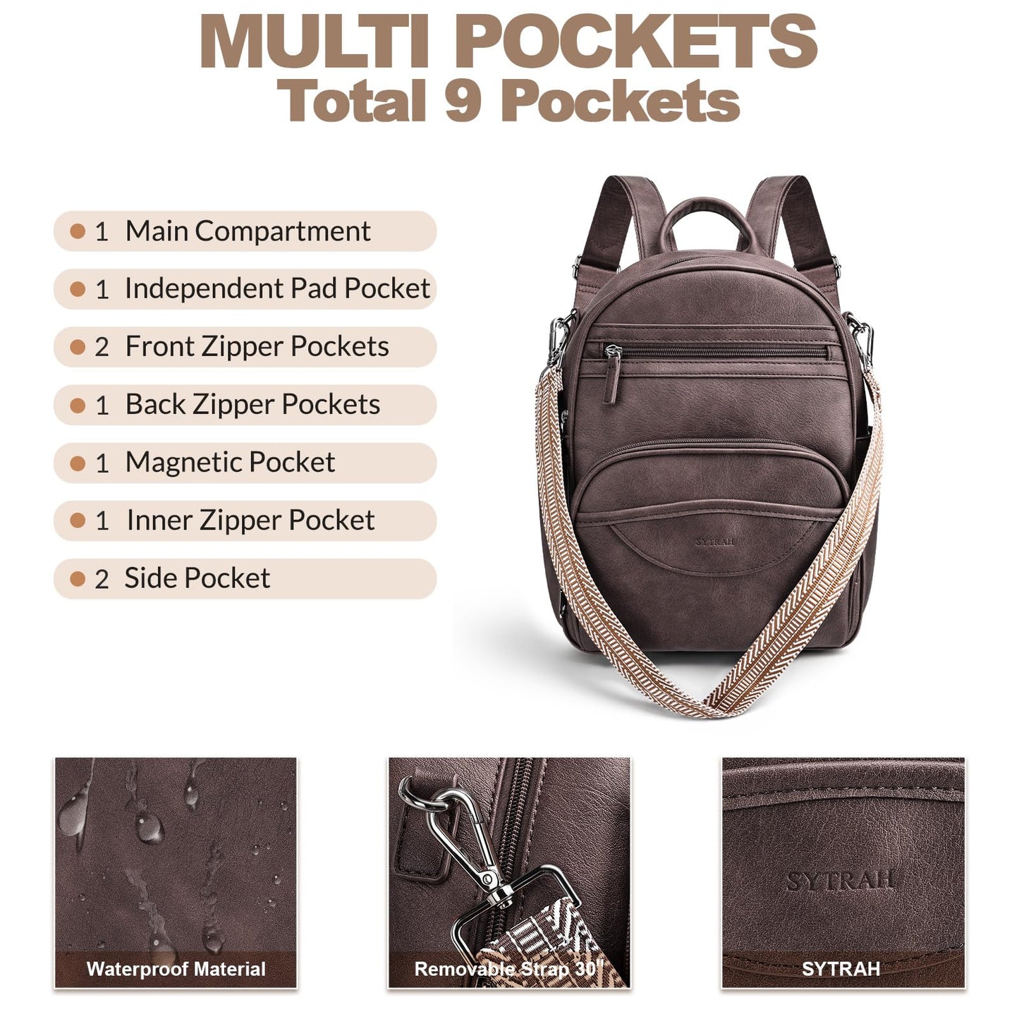SYTRAH Small Backpack Purse for Women, Mini Backpack Vegan Leather with RFID Blocking & Tablet Pocket, Cute Shoulder Handbag for Travel, School & Work Coffee Brown