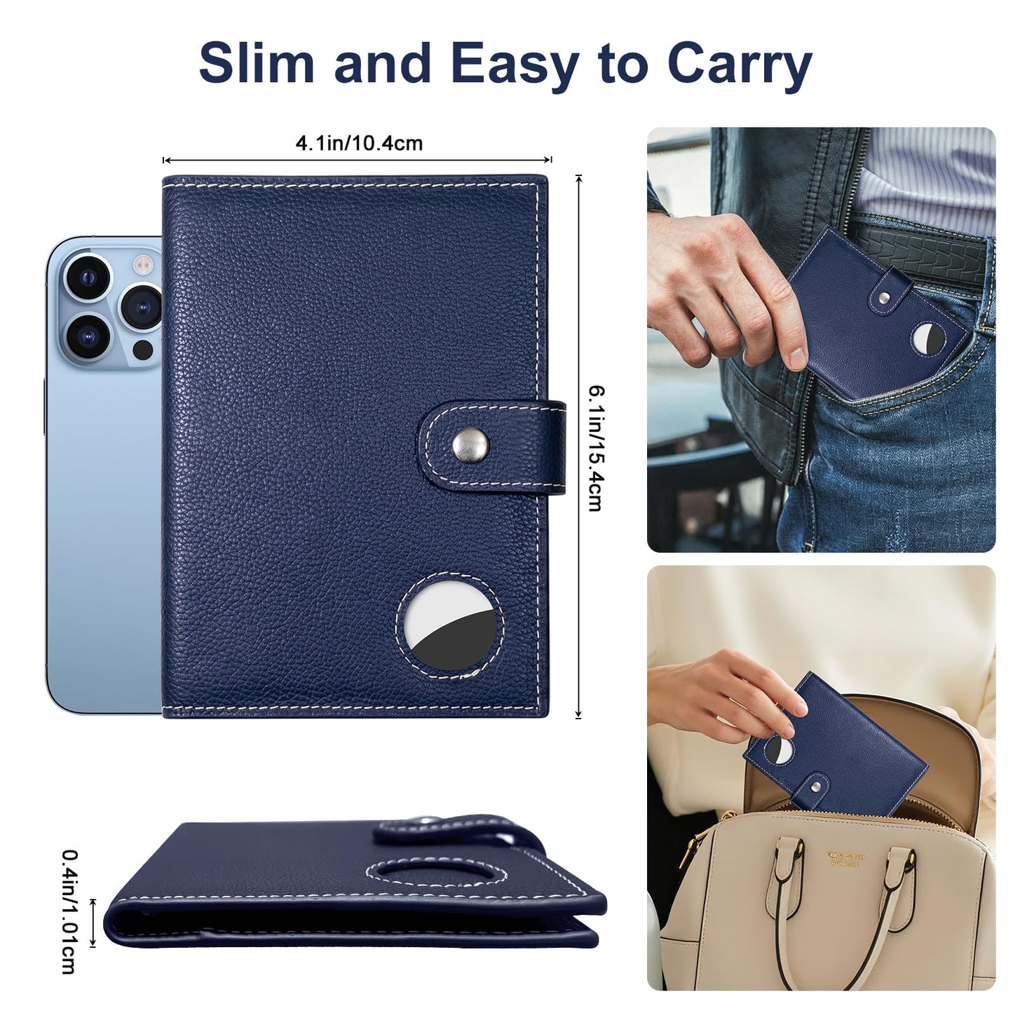 Genuine Leather Passport Holder for Travel, RFID Blocking Passport Wallet with Tracker Holder, Slim Passport Cover Travel Wallet for Women Men, Airport Essentials (Blue)