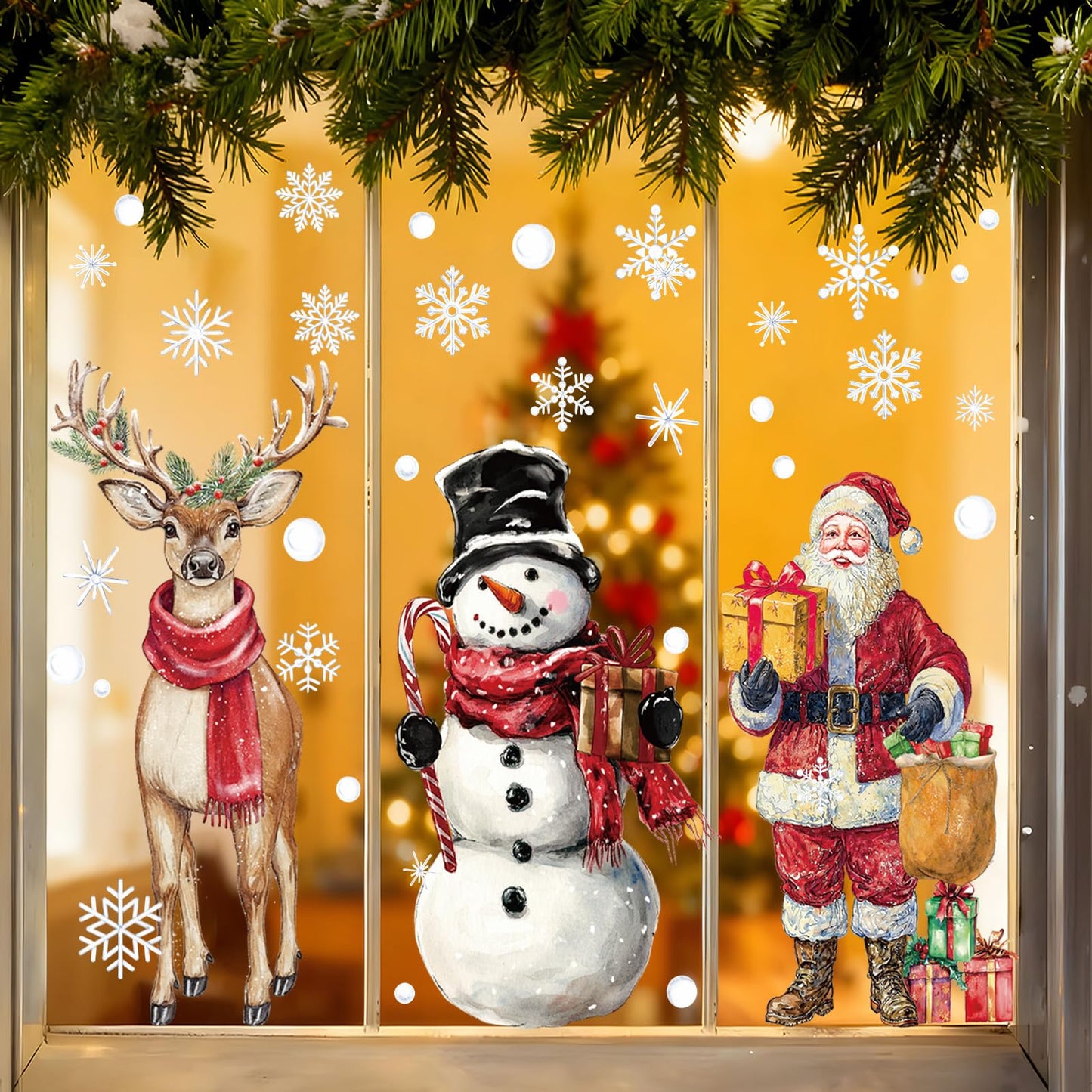 XZENTIRA Large Christmas Window Clings 3 Sheets Extra Large Santa Claus Snowman Reindeer Snowflake Window Stickers Double-Sided Holiday Window Decals for Xmas Glass Windows Home Party Decorations