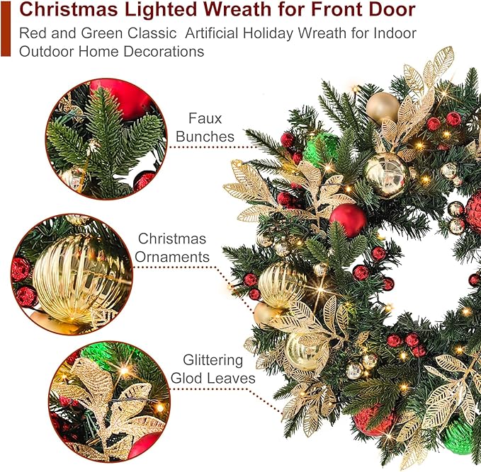 Christmas Lighted Wreath for Front Door, 28 Inches Pre-Lit 35 LED Lights, Red and Green Classic Artificial Holiday Wreath for Indoor Outdoor Home Decorations