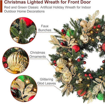 Christmas Lighted Wreath for Front Door, 28 Inches Pre-Lit 35 LED Lights, Red and Green Classic Artificial Holiday Wreath for Indoor Outdoor Home Decorations