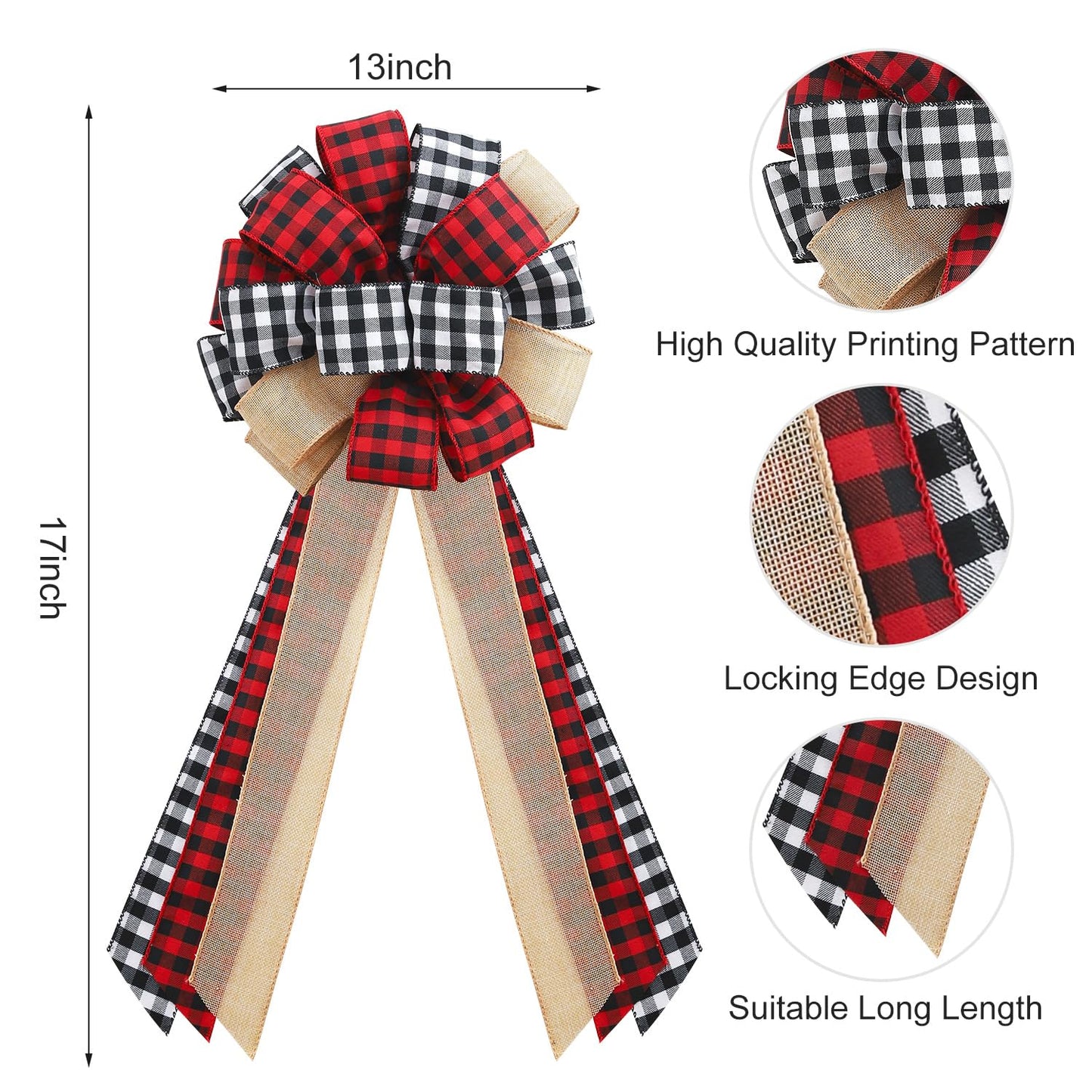 Fvviia Christmas Tree Topper Large Buffalo Plaid Burlap Red and Black Gift Bow for Xmas Tree Handmade Holiday Party Decorations-13 x 29 Inch