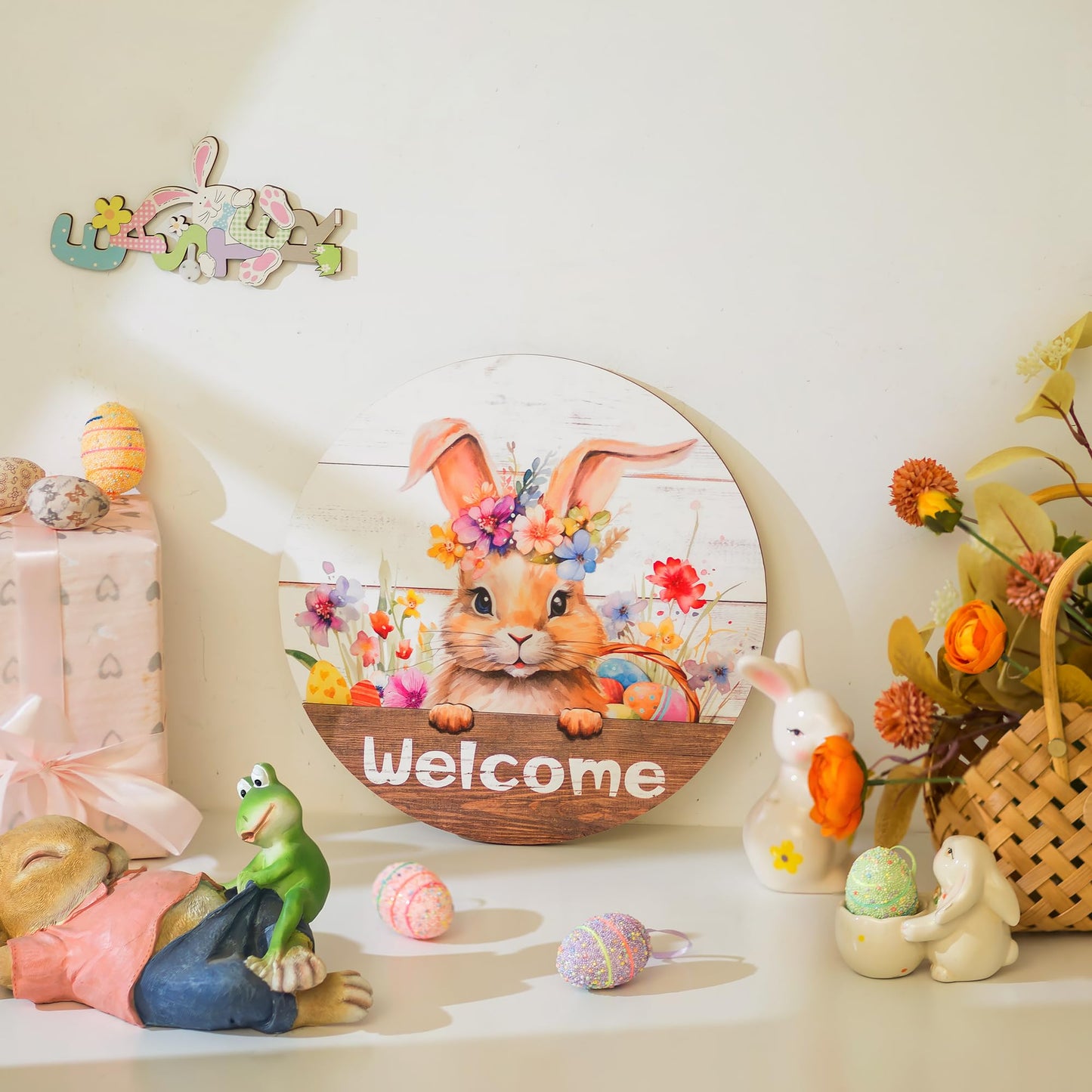 Walasis Easter Decorations for Front Door: Bunny Rabbit 3D Welcome Sign for Wall Decor Easter Wreaths Hanging for Home