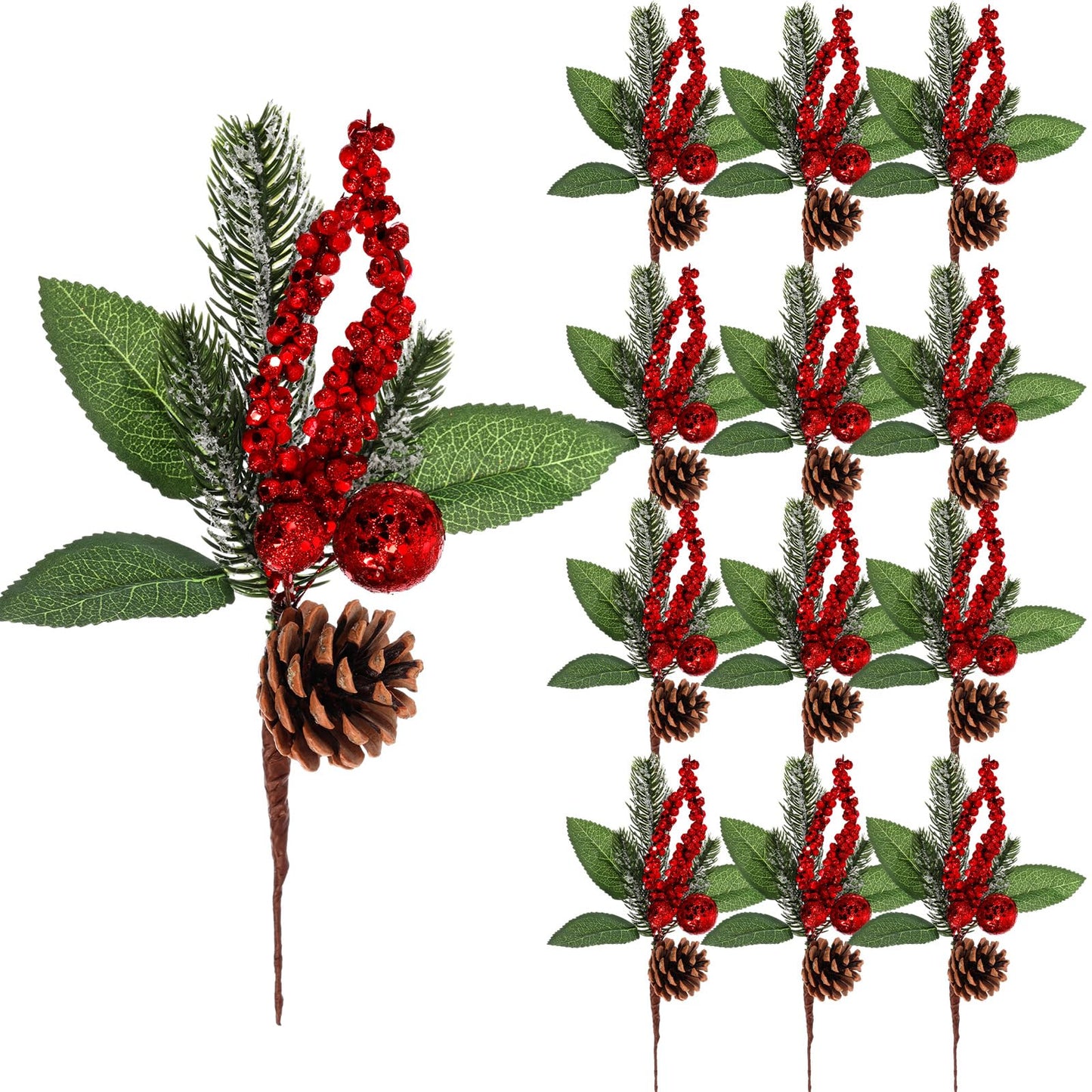 Boao 12 Pieces Glittery Pine Snowy Flower Picks Artificial Holly Red Berry Pine Cone Picks Fake Berries Pine Cones for Christmas Crafts Party Festive Home Decor (Glitter Sequins Style, 11 Inch)