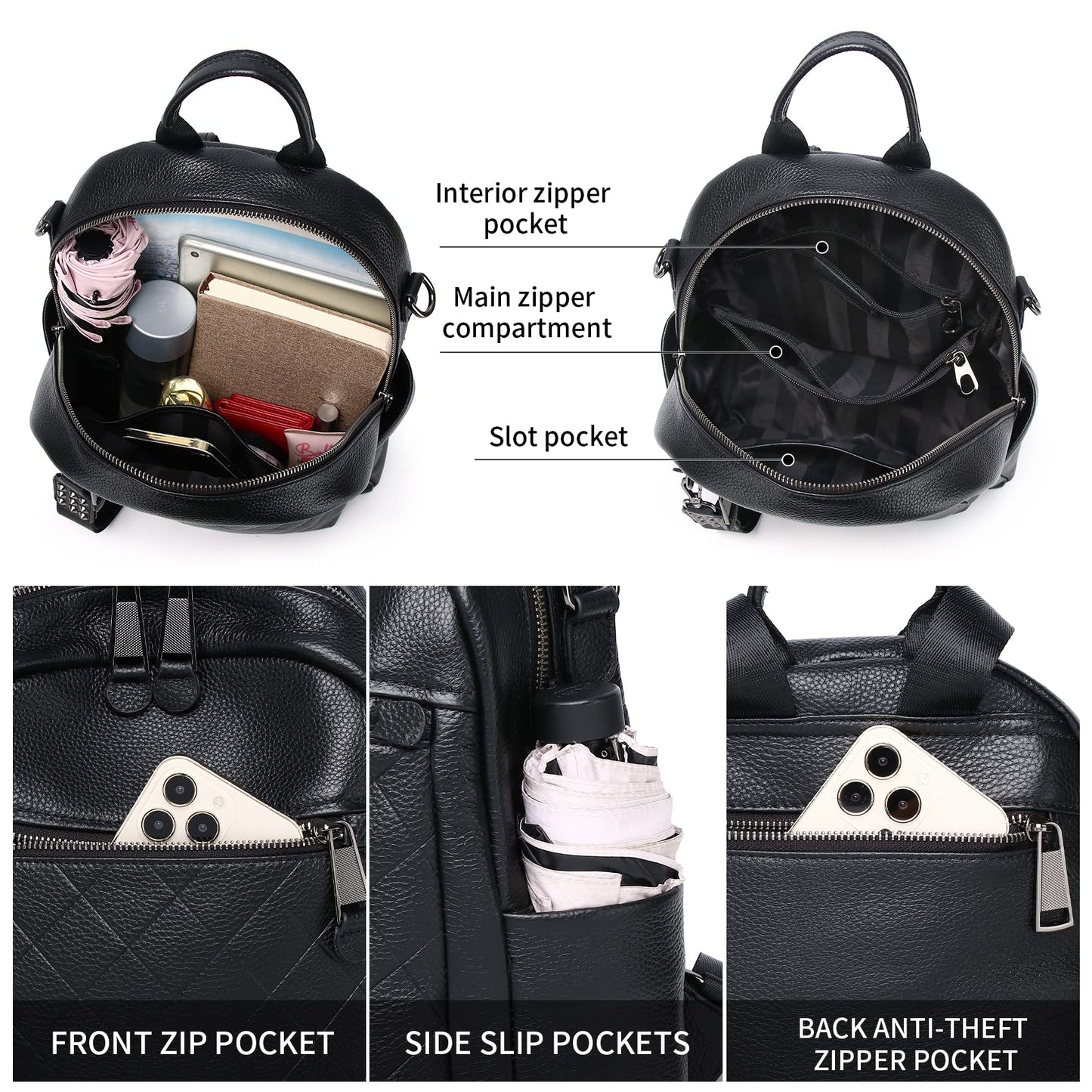 Wesccimo Genuine Leather Backpack Purse For Women Black Quilted Real Soft Leather Fashion Designer Convertible Ladies Shoulder Bag