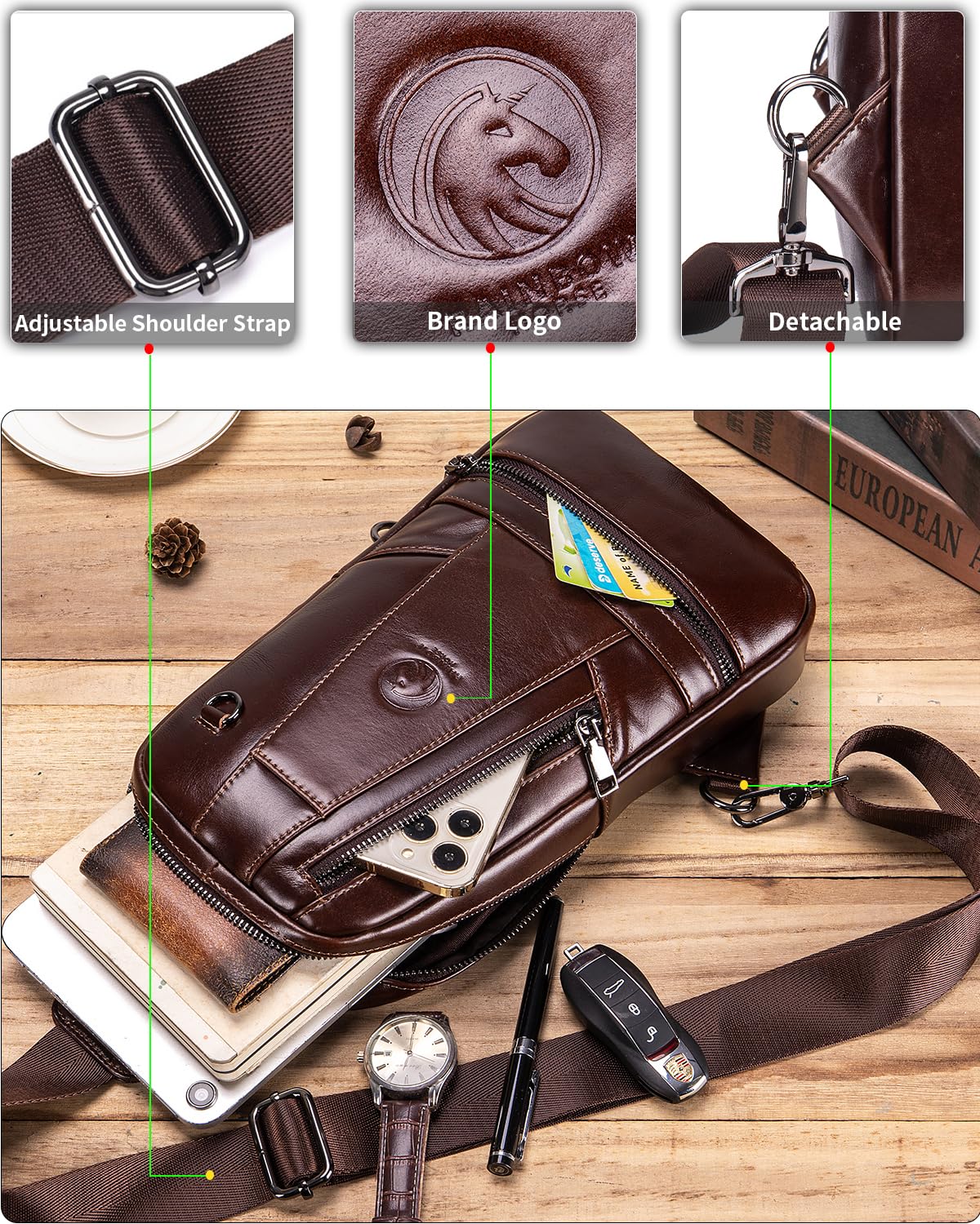 RAINBOW HORSE Genuine Leather Shoulder Bag, Men's Crossbody Chest Bag, Casual Front Pack, Suitable for Travel, Hiking, and Daily Use