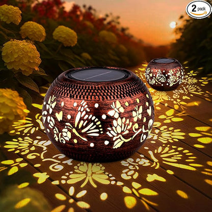 Butterfly Solar Lantern Outdoor Patio Decor, 2 Pack Retro Metal Waterproof Garden Decor Solar Table Light, Birthday Gifts for Women Mom Grandma ,Yard Porch Garden Balcony Decorations