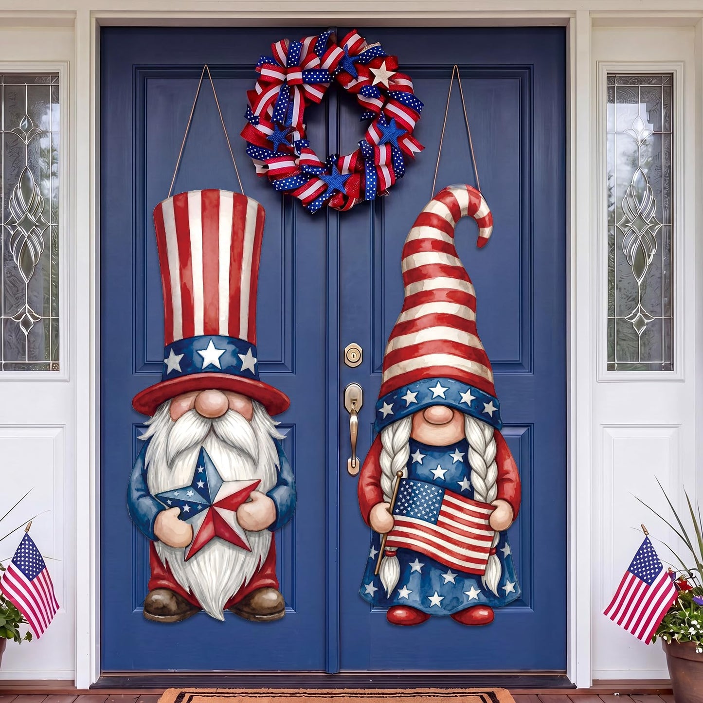 Thyle 2 Pcs Large Patriotic Gnomes Hanging Sign 32.3 x 12.2 Inch 4th of July Wooden Front Door Decorations Gnomes Wood Porch Sign for Independence Day 250th Anniversary Door Hanger