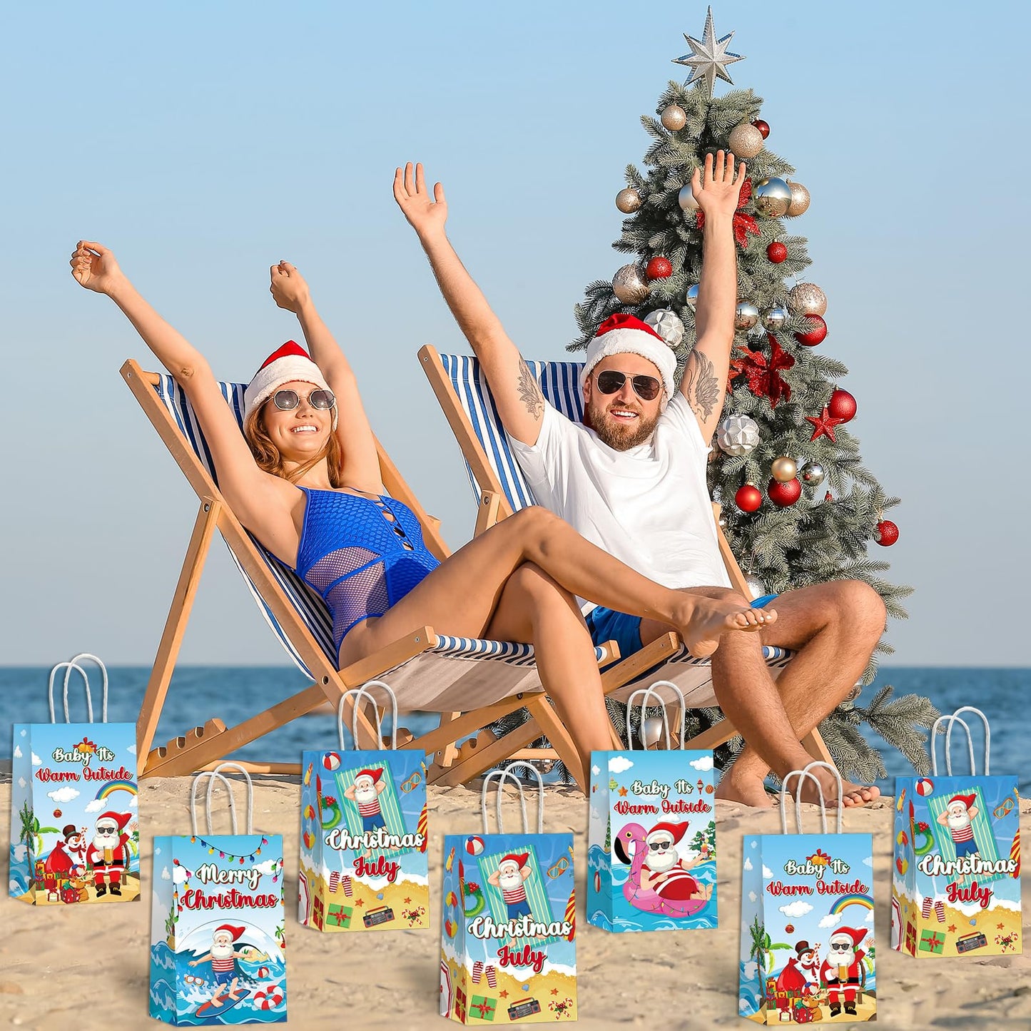 24PCS July Christmas Party Favor Bags Christmas Tropical Party Disposable Treat Bags with Handles Hawaiian Gift Bags for Summer Christmas Theme Hawaiian Beach Birthday Party Decorations Supplies