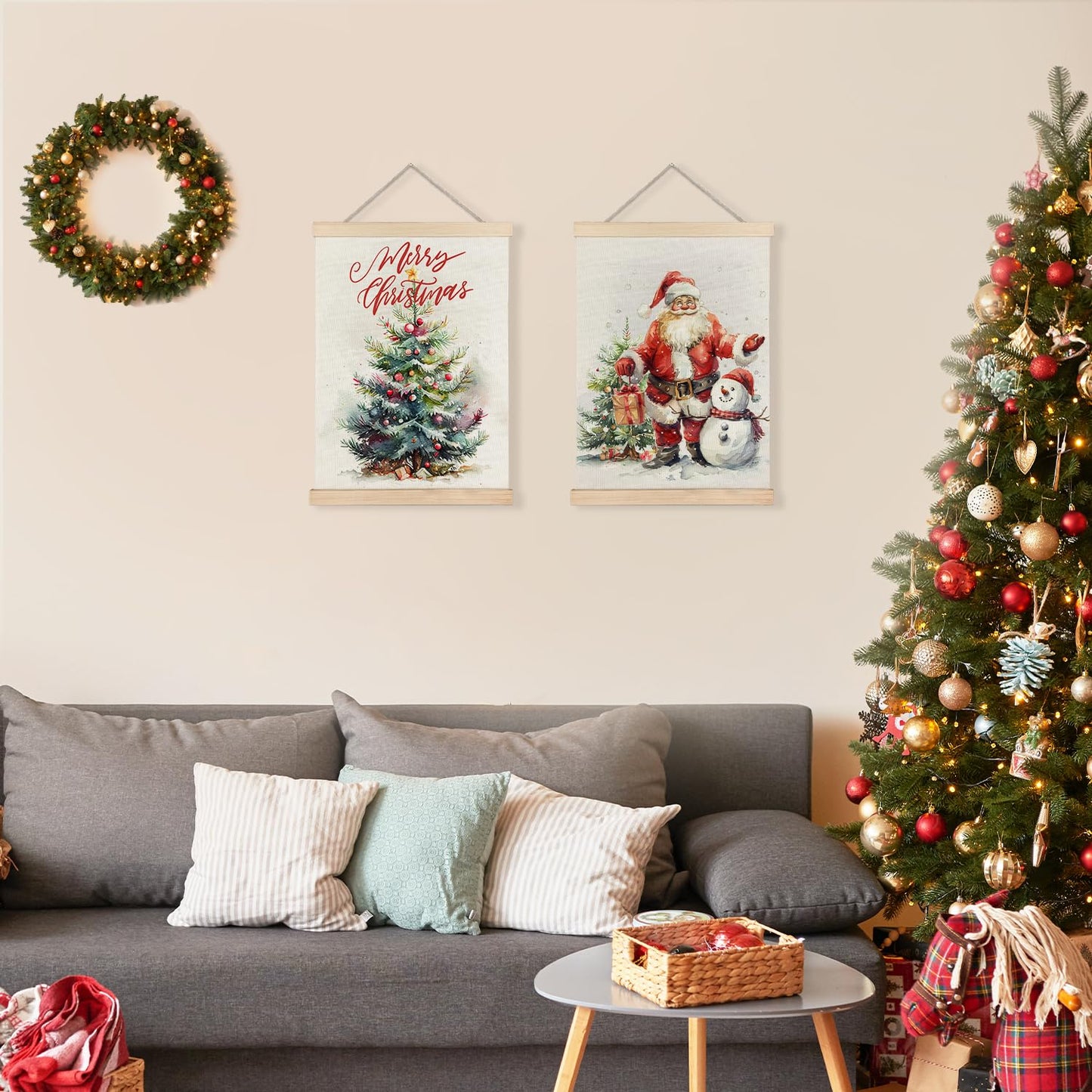 LUVADIAN Merry Christmas Wall Art with Wood Poster Hanger Set of 2, Christmas Tree Wall Decor Santa Claus Snowman Posters Artwork for Walls Decorations, 12x16 Inches