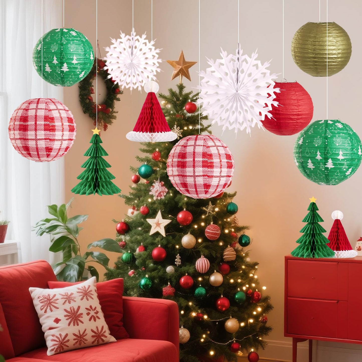 OBBOLO Christmas Hanging Decorations, 12 PCS Paper Lanterns, Honeycomb Christmas Trees, Hanging Paper Fans, Red Green Gold White Holiday Party Supplies for Home Xmas Holiday Party