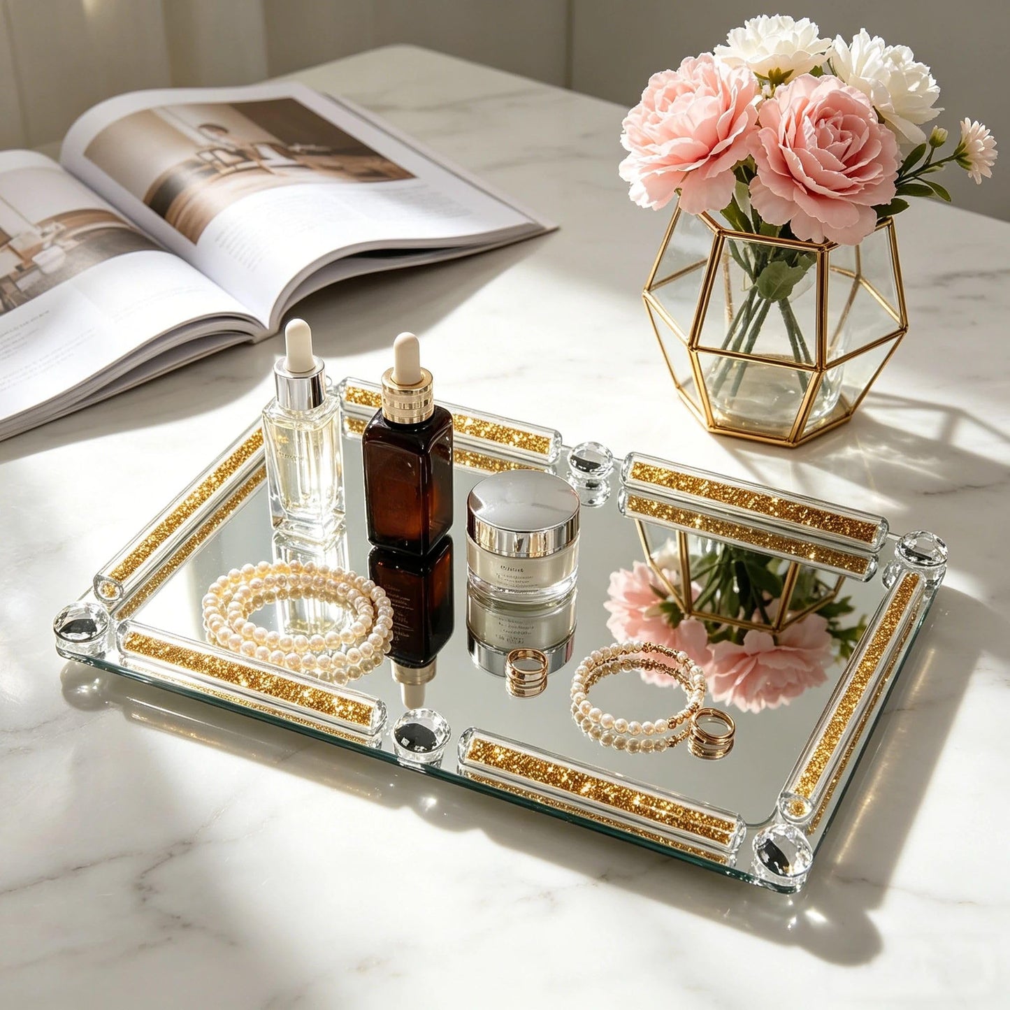 Gold Glass Tray, 11.8" x 7.9" Decorative Crystal Glass Cosmetic Perfume Display Tray for Gorgeous Dresser Countertop,Noble Jewelry Organizer with Diamond for Home Decor,Banquet Party