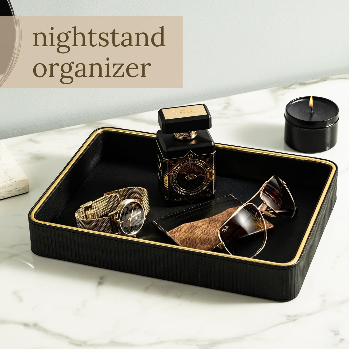 Leather Catchall Valet Tray for Men| Mens Valet Catch All Trays| Bedside Organizer for Nightstand| Cologne Tray for Men| Desk Trays Leather Tray Organizer (Black)
