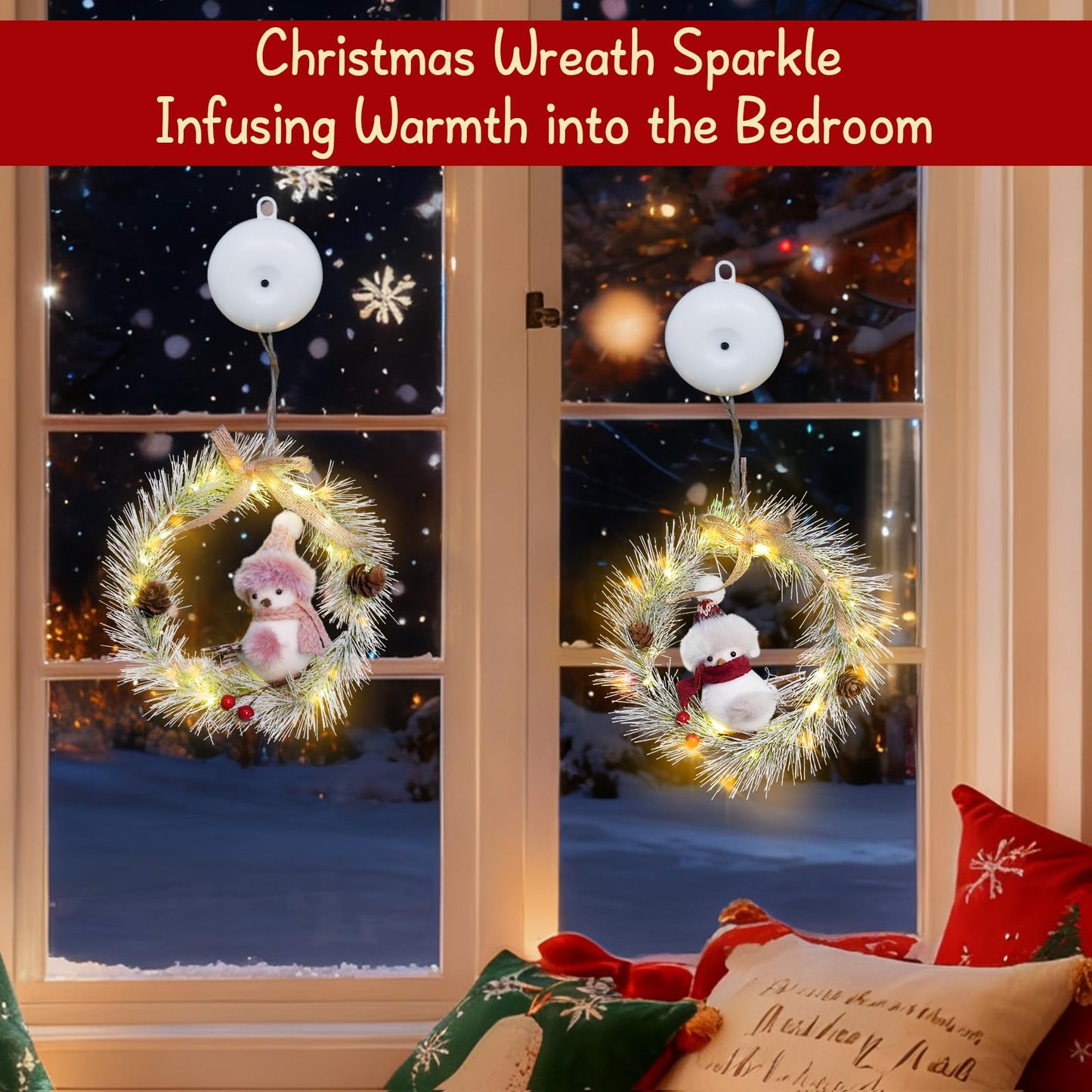 suddus 2 Pack Christmas Window Lights with Suction Cup- Battery Operated Wreath String Lights Indoor with Timer, Christmas Decorations for Home, Window, Door, Wall,Staircase,Gift,Tree Indoor