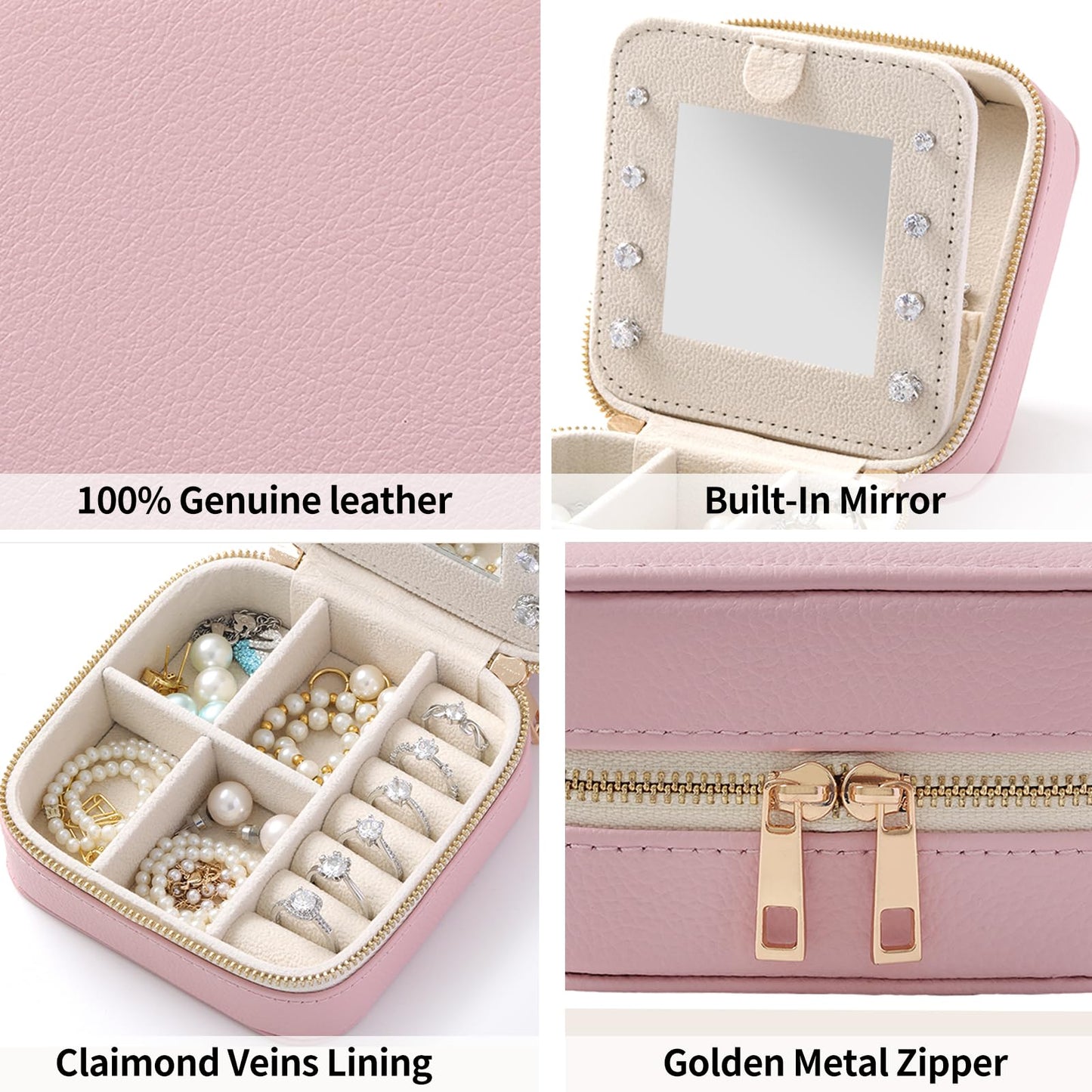 NGVRC Genuine Leather Travel Jewelry Organizer Case with Mirror for Women, Small Mini Portable Jewelry Box for Ring Earrings Necklace Bracelet Luxury Gift for Women（Mint Green）