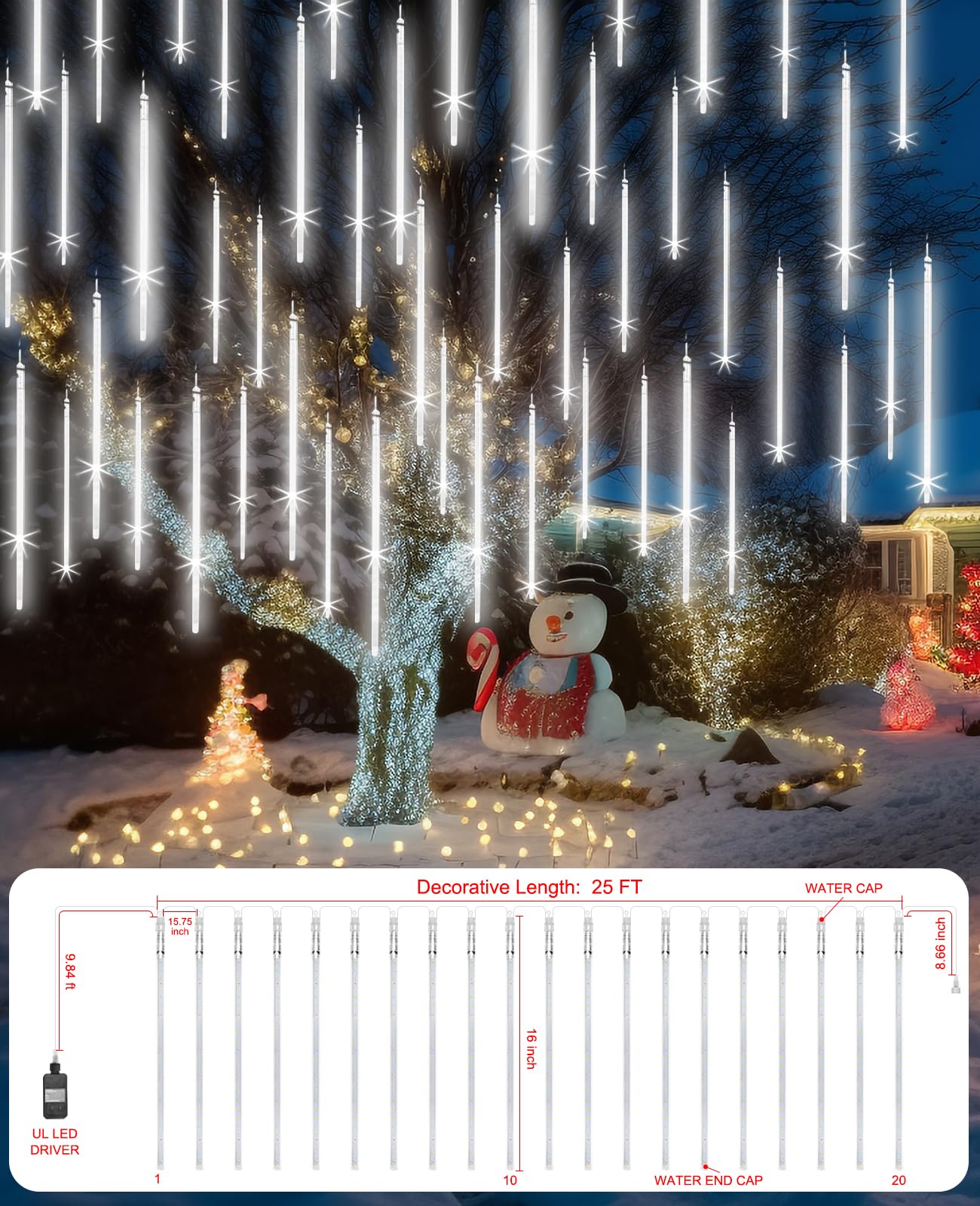 EAGWELL Christmas Lights Outdoor 16 Inch 20 Tubes Meteor Shower Rain Light, Waterproof Falling Icicle String Lighting for Xmas Tree Yard House Decor,Shine White