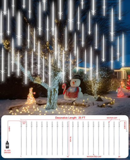 EAGWELL Christmas Lights Outdoor 16 Inch 20 Tubes Meteor Shower Rain Light, Waterproof Falling Icicle String Lighting for Xmas Tree Yard House Decor,Shine White
