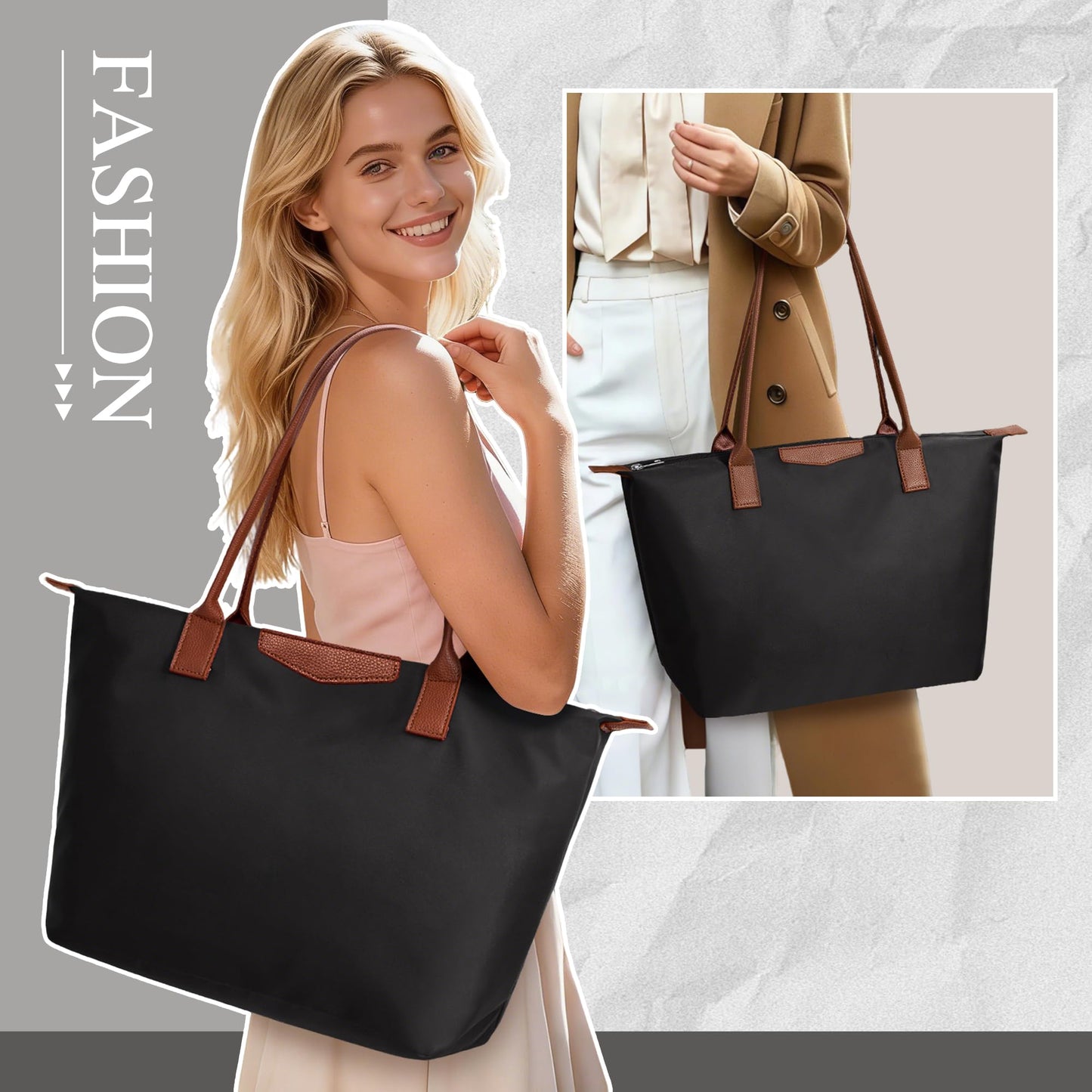 DIXEIGHT Tote Bag for Women, Casual Hobo Bag Vegan Leather Top-Handle Purse Foldable Shoulder Nylon Zipper Handbag