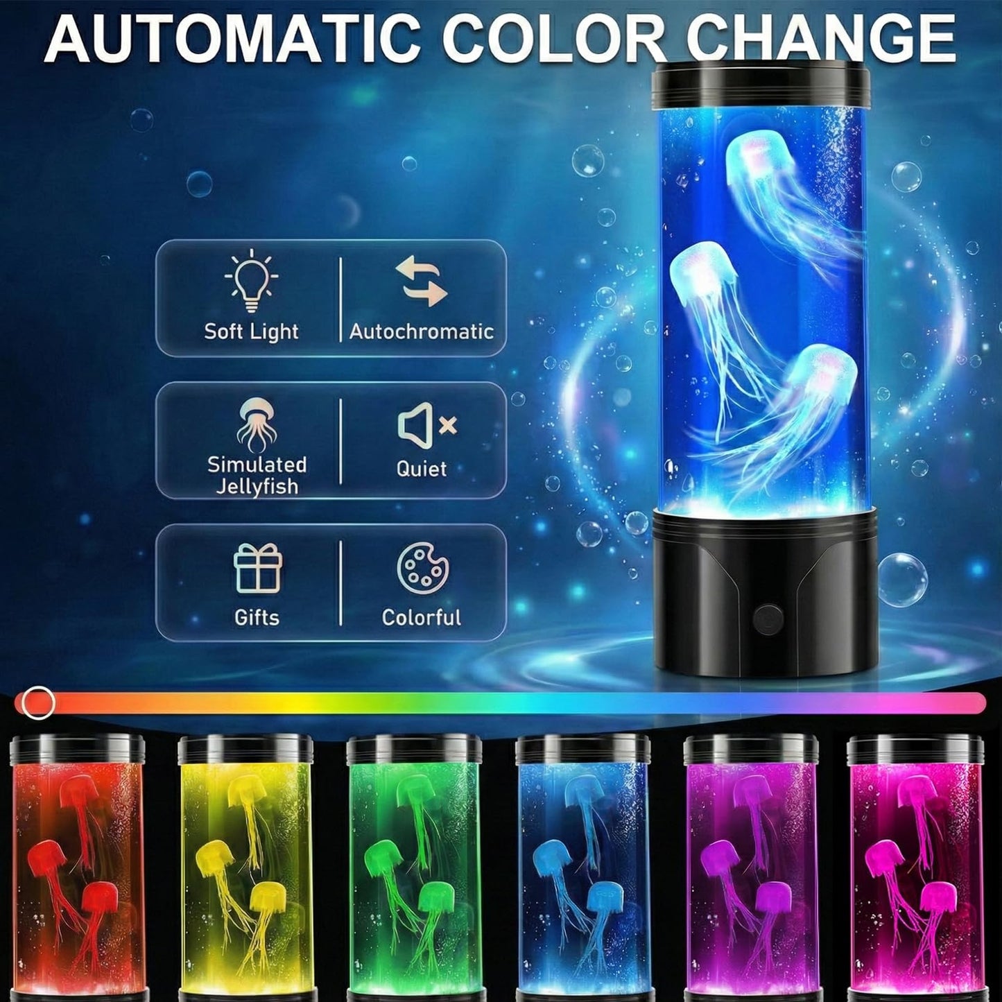 7 Color Jellyfish Lamp, Quiet Jelly Fish Night Light with USB and Battery Power,Relax Mood Aquarium Autism Fidget Sensory Birthday Christmas Gift for Kids Teen Men Women Home (8.66Inch)