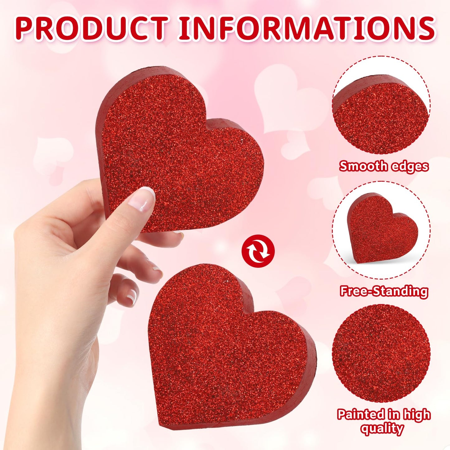 COCHIE Wooden Valentine's Day Hearts Decorations Indoor, Wood Heart Blocks Tiered Tray Decor Set of 6, Red Pink White Valentine Decoration for Home Party Office Shelf Mantle (Glitter)