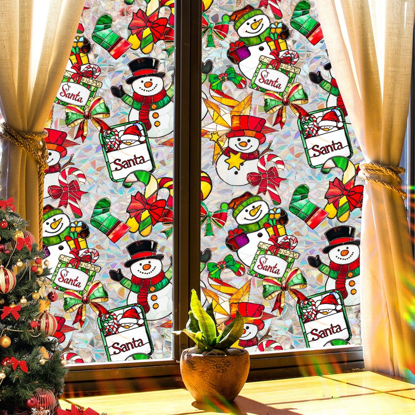 Christmas Stained Glass Window Cling Rainbow Tinted Window Film Privacy Stained Glass Window Decal Snowman Bow Candy Cane Windows Decals for Home School Xmas Party Decoration 17x 39.3 Inch