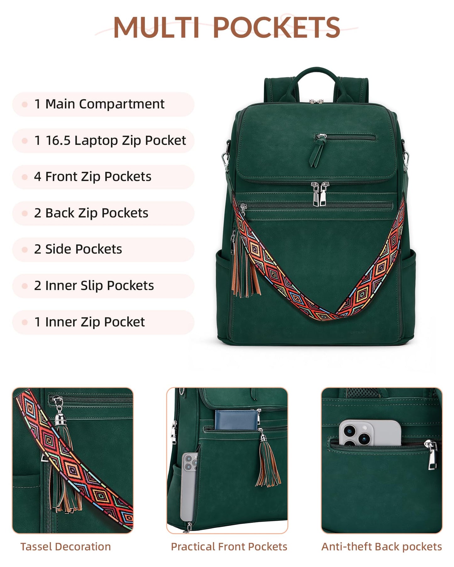 SYTRAH Leather Laptop Backpack for Women Designer Laptop Bag, 16.5 inch Travel Computer Backpacks Purse with Tassel for Work Business with Satchel Purse Green