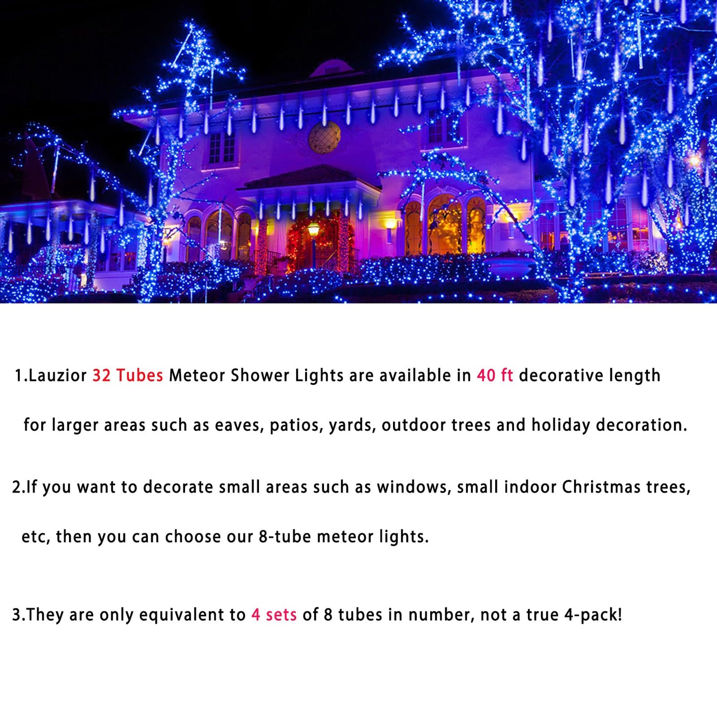 Christmas Lights Outdoors, 32 Tubes(Equivalent to 4 Sets of 8-Tubes) Meteor Shower Rain Lights - Blue lcicle Christmas Light Outdoor for Xmas Tree Wedding Party Holiday House Yard Decor, UL Plug