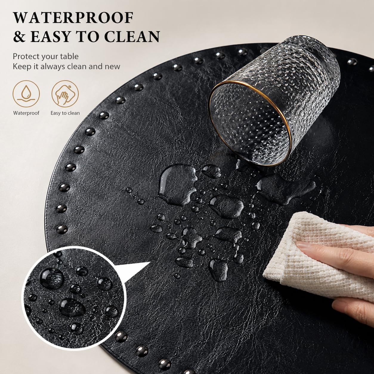 FAVE Black Faux Leather Placemats 13.78Inches Round Placemat Set of 2 Heat Resistant Place Mats for Kitchen Table Wipeable Fall Placemats Table Mats with Rivets High Texture Placemat (Black)