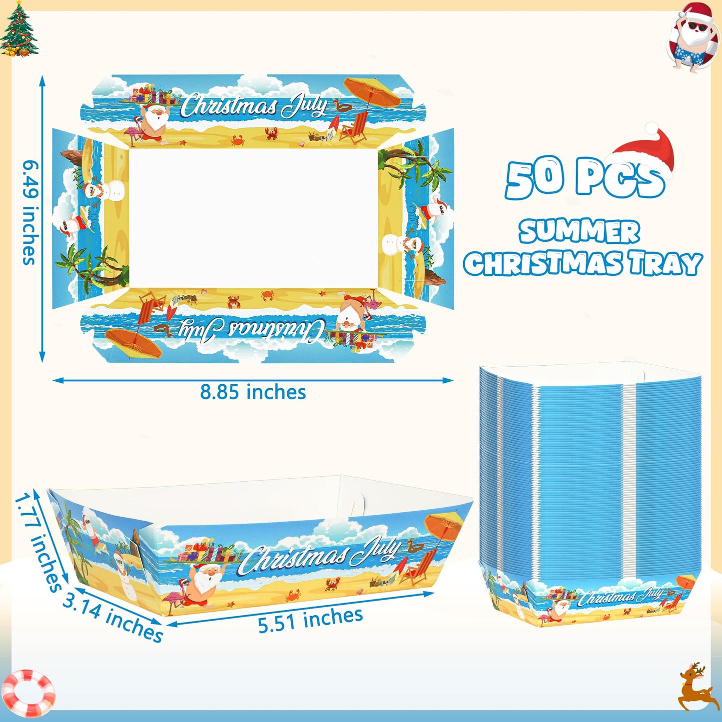 50Pcs Summer Christmas Paper Food Trays, Heavy Duty Disposable July Christmas Decorations Santa Food Boats, Serving Tray for Snack Sandwich Dessert Popcorn, Hawaii Theme Beach Pool Party Supplies