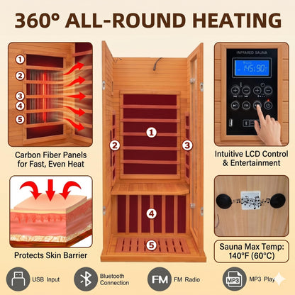 7-Color Wellness Light Infrared Sauna–1300W 110V 1-Person Indoor Wood Sauna in w/Carbon Crystal Heaters, Post-Workout Recovery & Spa Relaxation, Home Use Gift for Men & Women