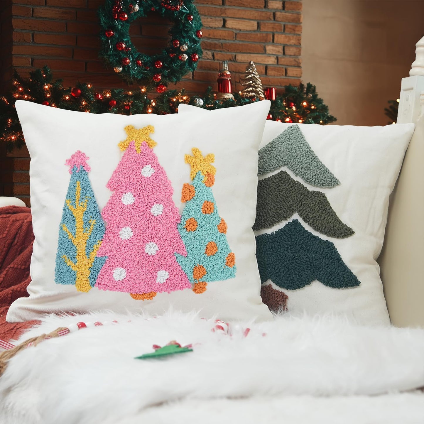 GEEORY Christmas Pillow Covers 18x18 Inch, Canvas Embroidered Xmas Tree Throw Pillows, Farmhouse Home Decoration Cushion Case for Sofa & Bed (Pink