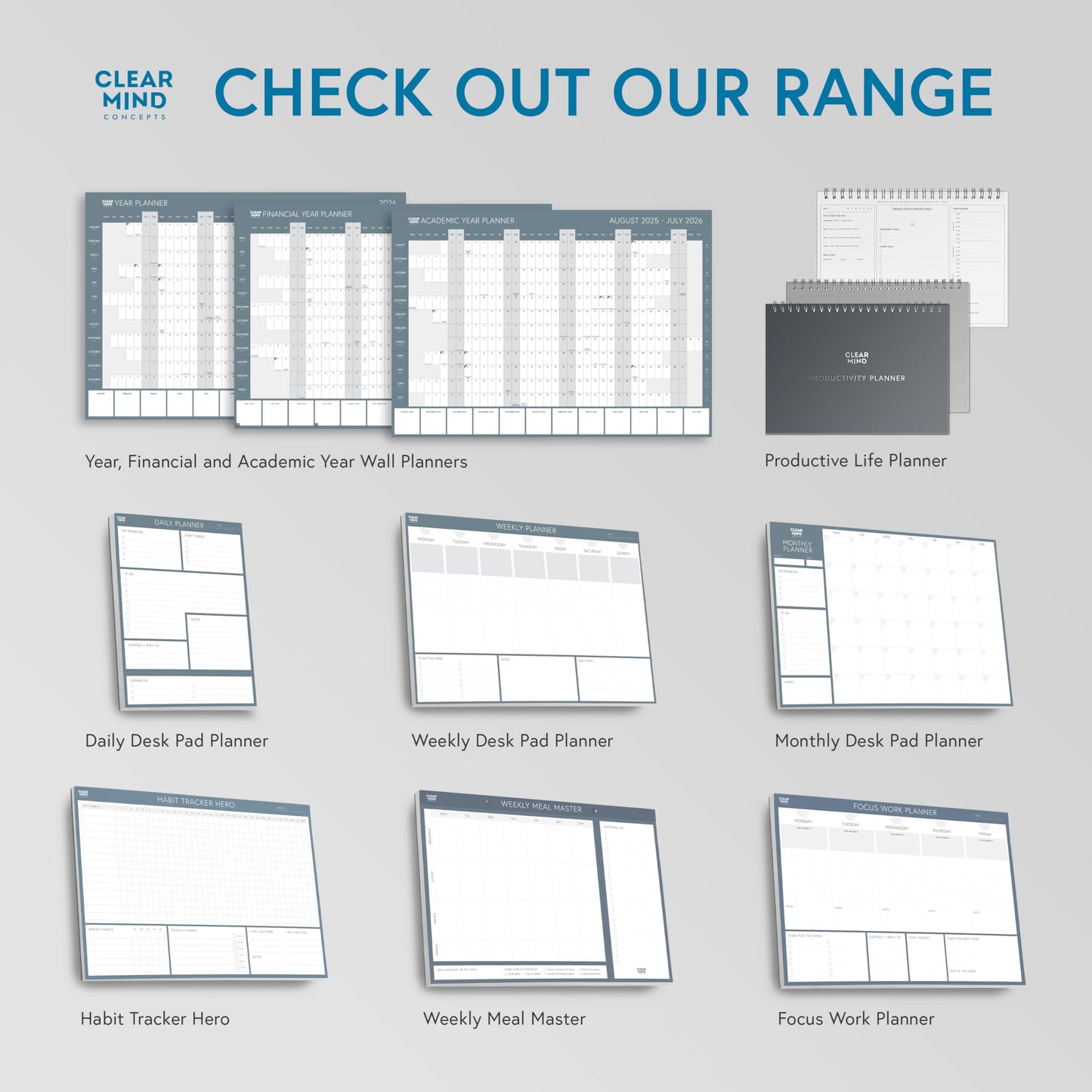 Clear Mind Concepts Focus Work Planner - Weekly Productivity Desk Organizer, 52 Undated Tear-Off Sheets, Mon-Fri Layout, 11.7” x 8.3” - Track Priorities, Tasks, Notes & Goals for Office & Remote Work