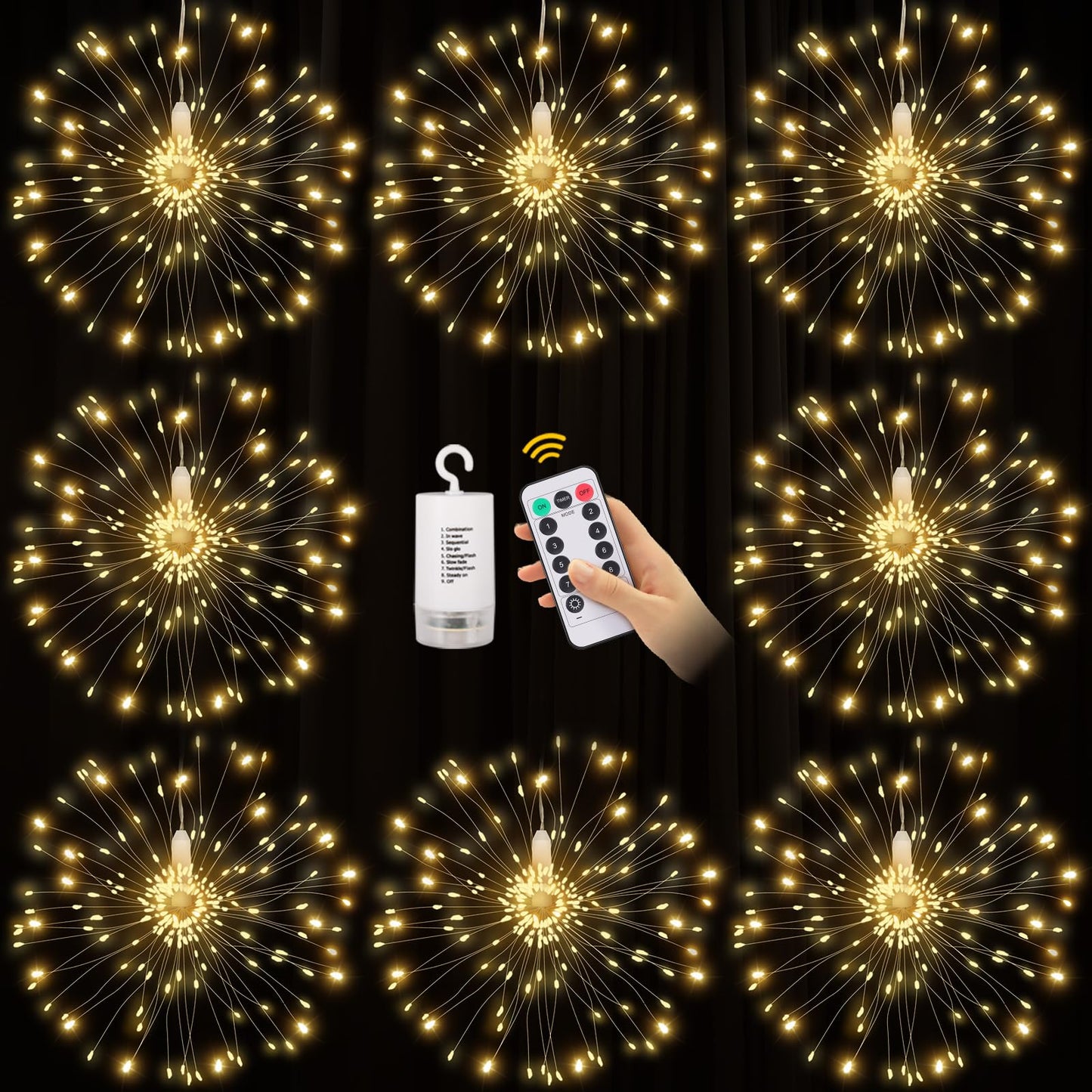 8 Pack Copper Wire Firework Lights, 120 LED String Lights with Remote Control - 8 Modes, Waterproof for Party, Home, Christmas, Garden & Outdoor Decoration