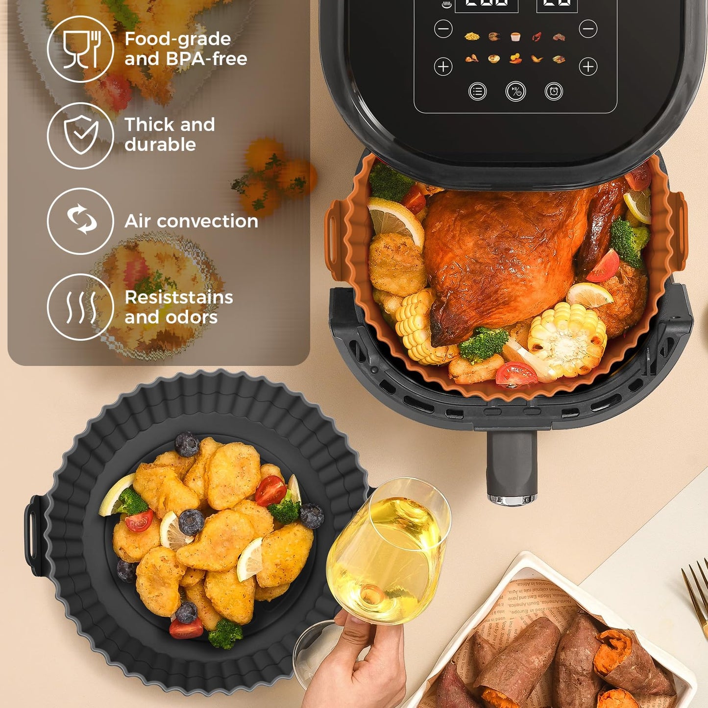 Buauty 3 Pack Air Fryer Silicone Liners 8inch Air Fryer Silicone Pot Reusable Food Grade Silicone Airfryer Liners Baking Basket Accessories Replacement of Flammable Disposable Parchment Paper
