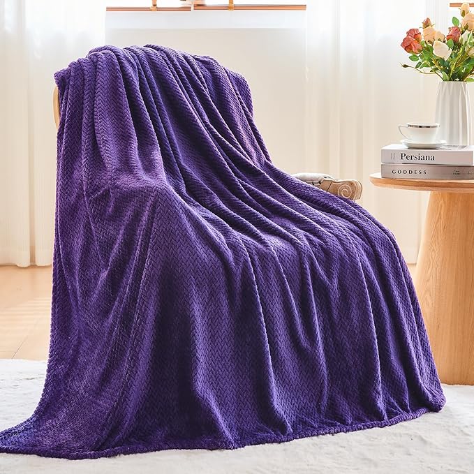 NEWCOSPLAY Super Soft Queen Blanket Dark Purple Premium Silky Flannel Fleece Leaves Pattern Lightweight Bed Blanket All Season Use (Dark Purple, Queen(90"x90"))