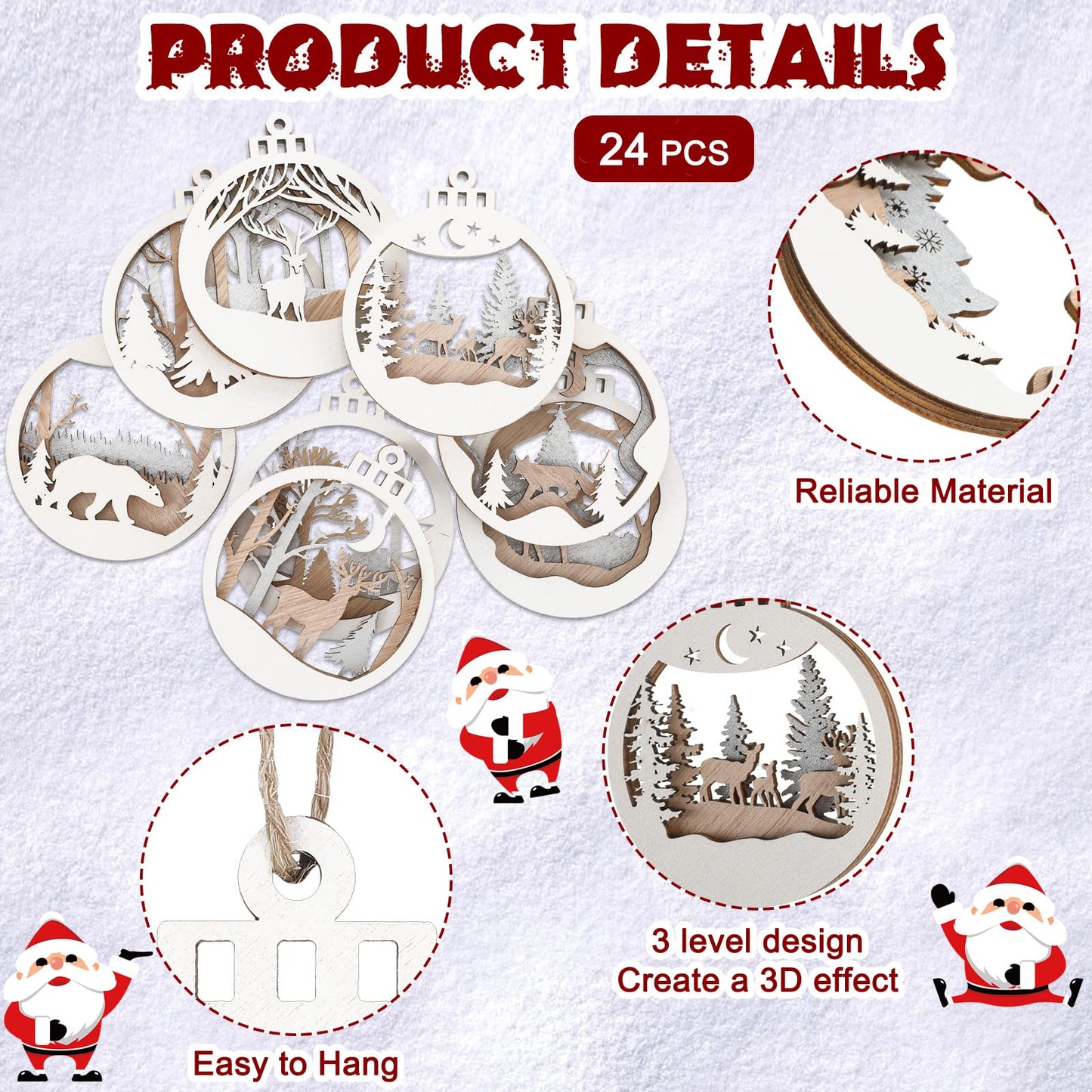 Spiareal 24 Pcs Wooden Christmas Ornaments Xmas Tree Decorations Wood Cutouts Reindeer Decoration Decorative Hanging Christmas Tree Ornaments, 12 Styles