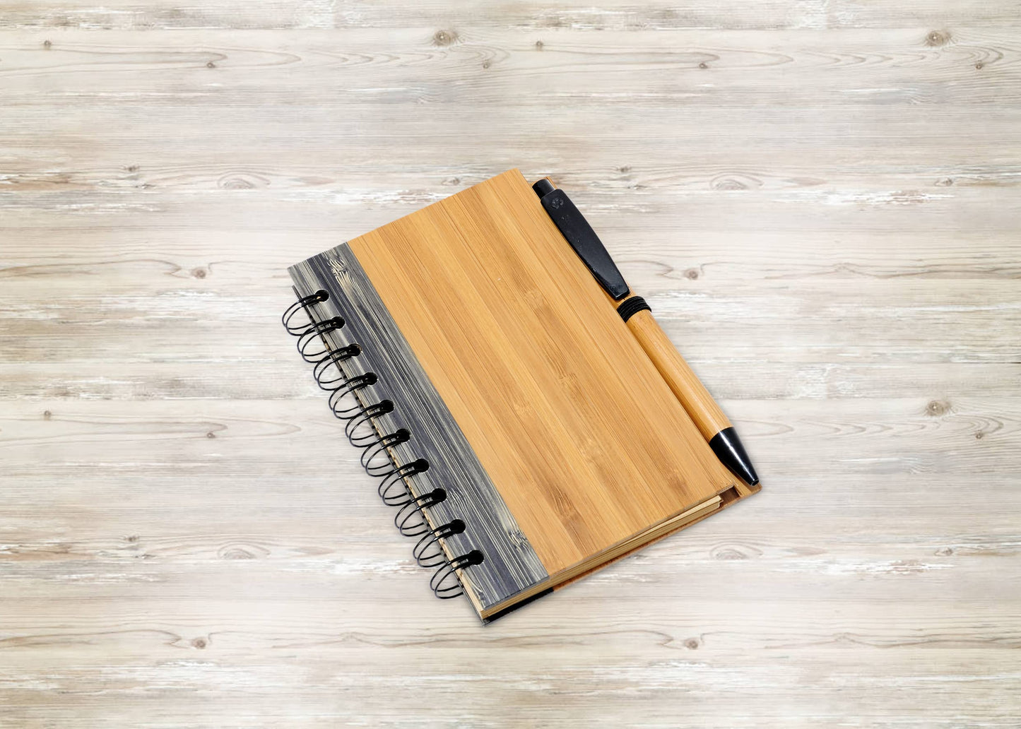 Bamboo Covered Notebook, Spiral Hardcover, Bamboo Ballpoint Pen, Diary for Students, Sketches, Writing, Lined Page, Arts & Crafts, Note-Taking, 70 Sheets, Recycled Product, Eco-Friendly Production