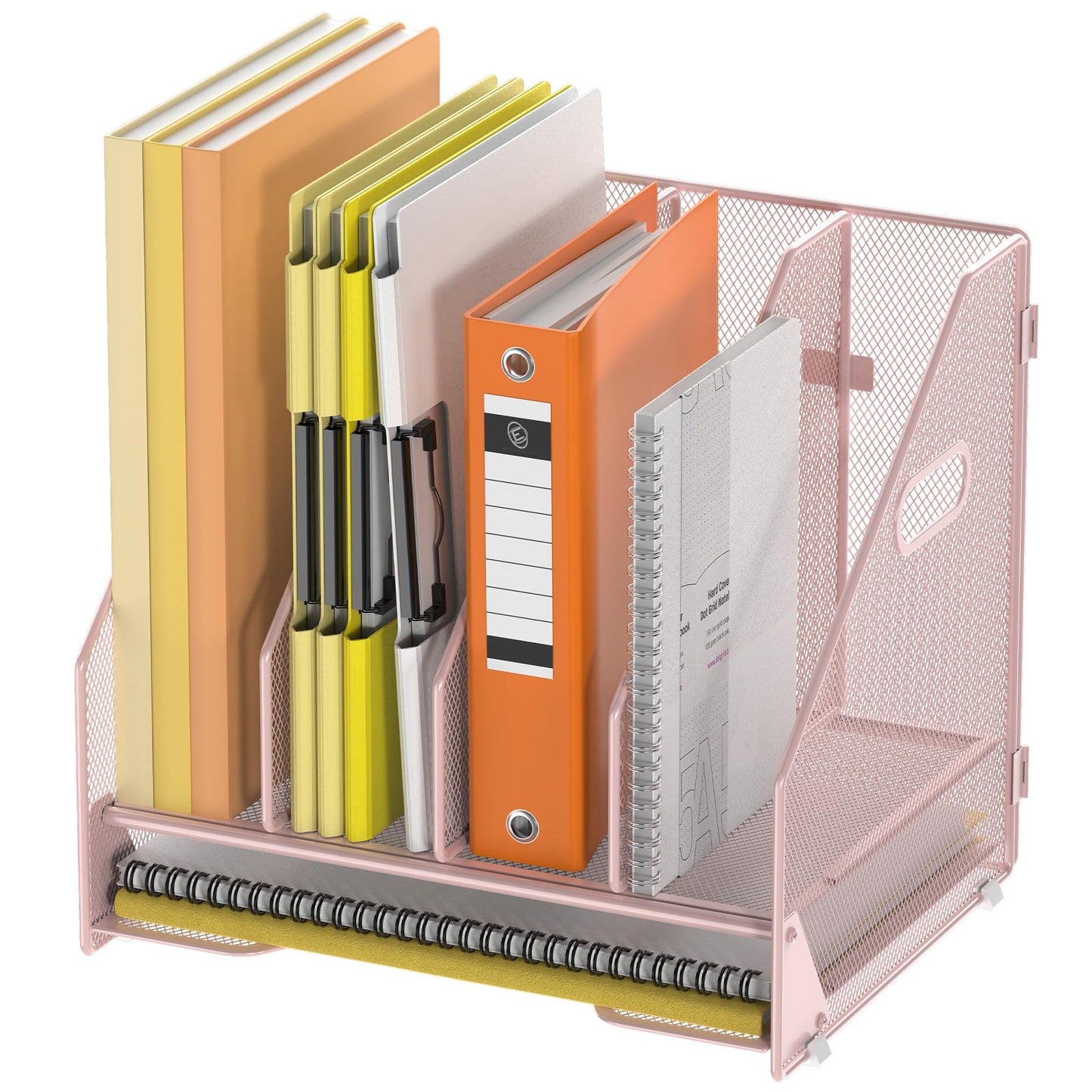 Docnest Desk File Holder Sorter, 4 Vertical Compartments Rack with Letter Tray, Mesh Magazine File Holder with Handle,Workspace Organizers,Desk Organizers for Paper, Mail, Documents-Pink