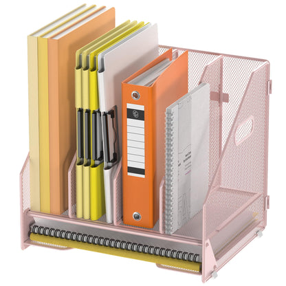 Docnest Desk File Holder Sorter, 4 Vertical Compartments Rack with Letter Tray, Mesh Magazine File Holder with Handle,Workspace Organizers,Desk Organizers for Paper, Mail, Documents-Pink