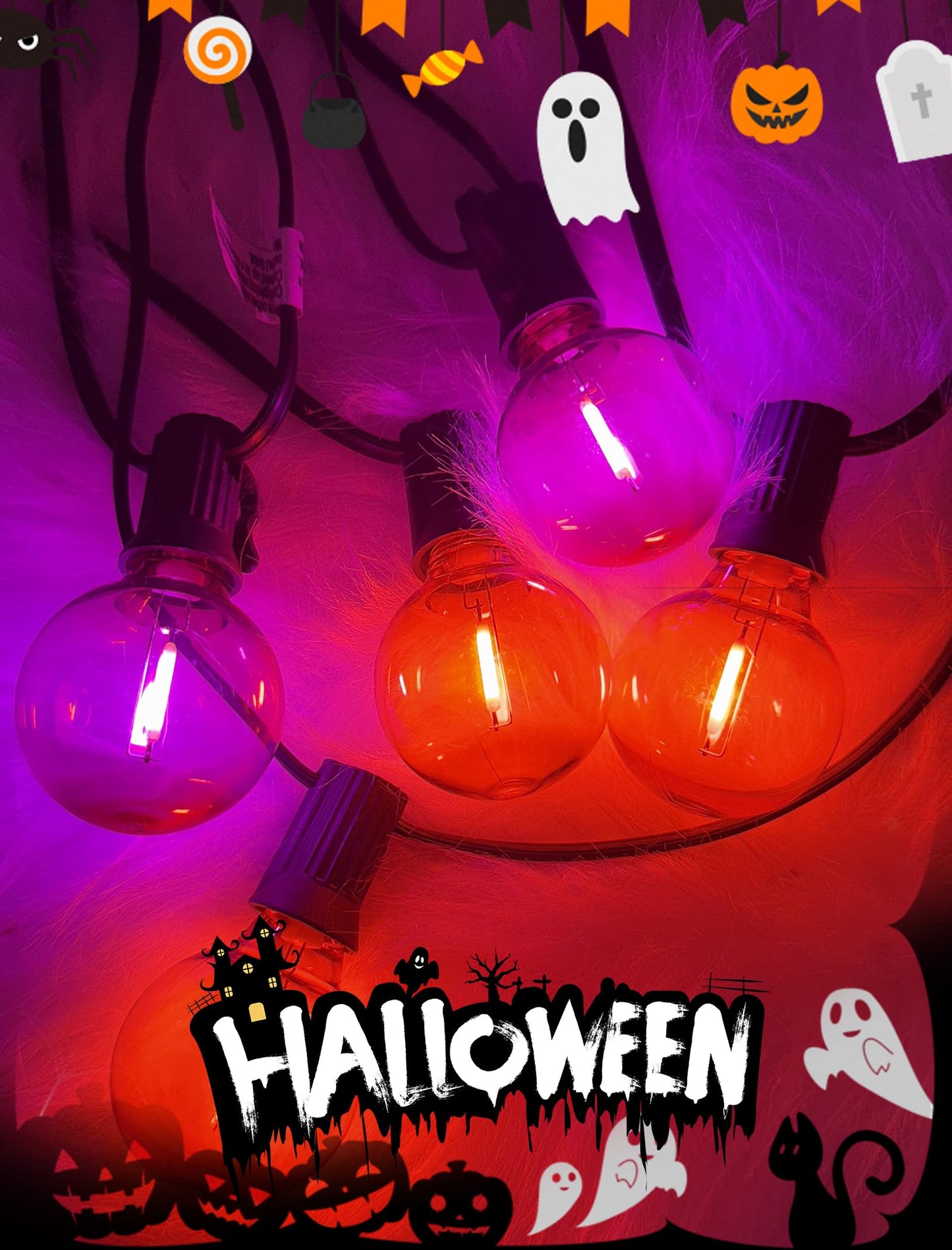 25FT Halloween String Lights Outdoor Plug-In, 25 G40 LED Bulbs & 2 Spare, E12 Base, 2700K Warm White, Shatterproof, Outdoor Halloween Decorations for Garden Patio Christmas, Clear Purple Orange