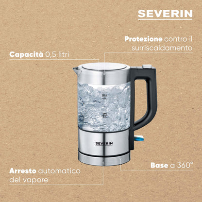 SEVERIN Mini Glass Kettle 0.5 L, Powerful and Compact in High-Quality Design, Electric Kettle with Limescale Filter, Stainless Steel/Black, WK 3472