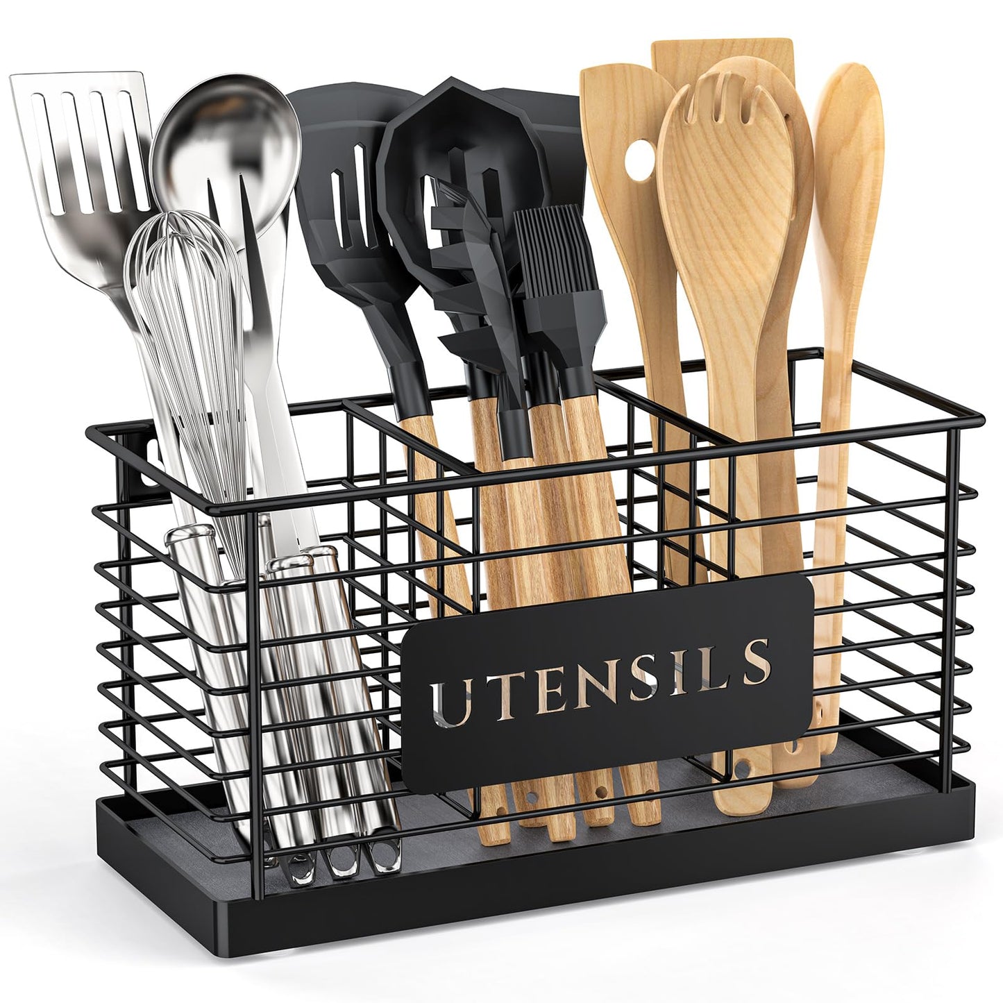 THYGIFTREE Utensil Holder for Kitchen Counter with Diatomaceous Earth Base, Large Black Metal Cooking Tool Organizer with 3 Compartments, Countertop Utensil Holder for Spatula and Kitchen Utensils