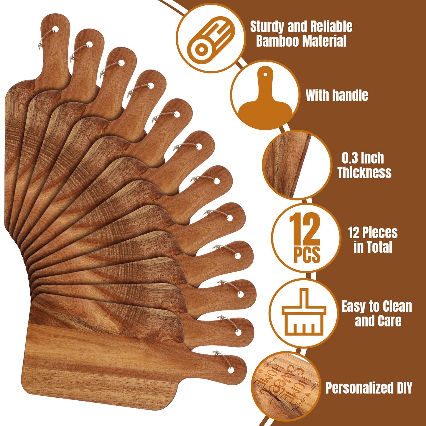 Patelai 12 Packs Acacia Wooden Cutting Board Set with Handles Large 15 x 7 Inch Kitchen Serving Plain Chopping Board Bulk Gifts for Christmas Vegetables Meat Pizza Cheese Fruit Bread