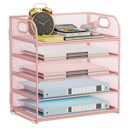 Kinkota 5 Tier Paper Organizer for Desk, File Organizer with Handle, Mesh Letter Tray, Paper Sorter Desk Organizer for Office Home Supplies - Pink